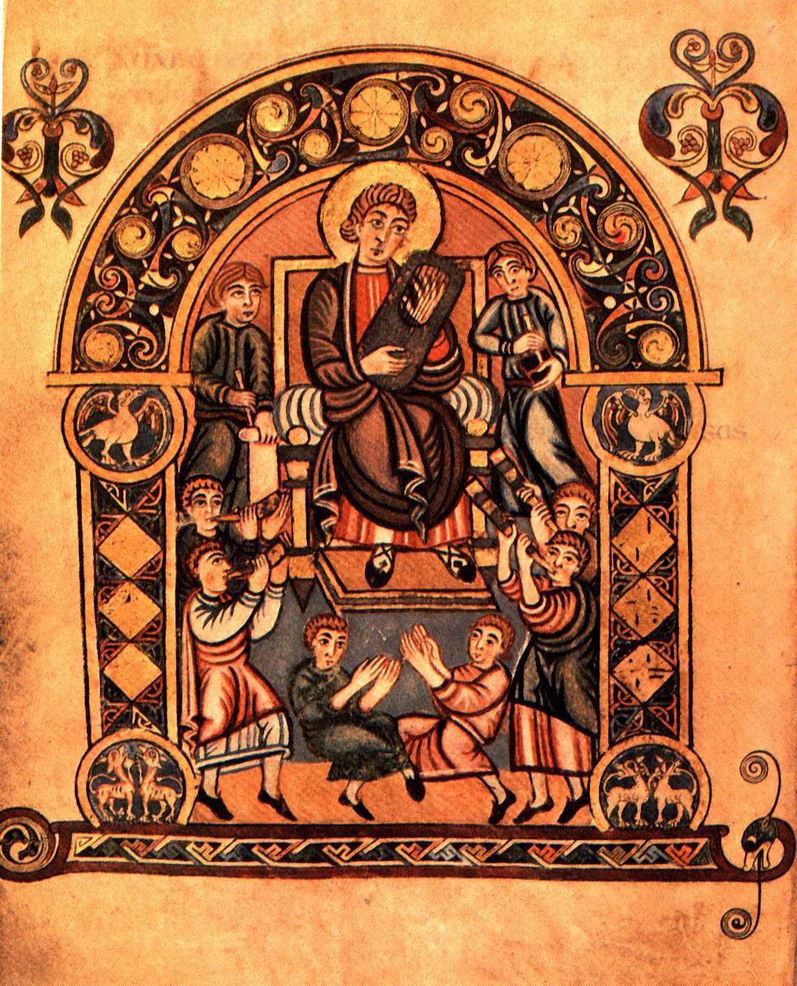 David and his Musicians (Vespasian Psalter, fol. 30v)