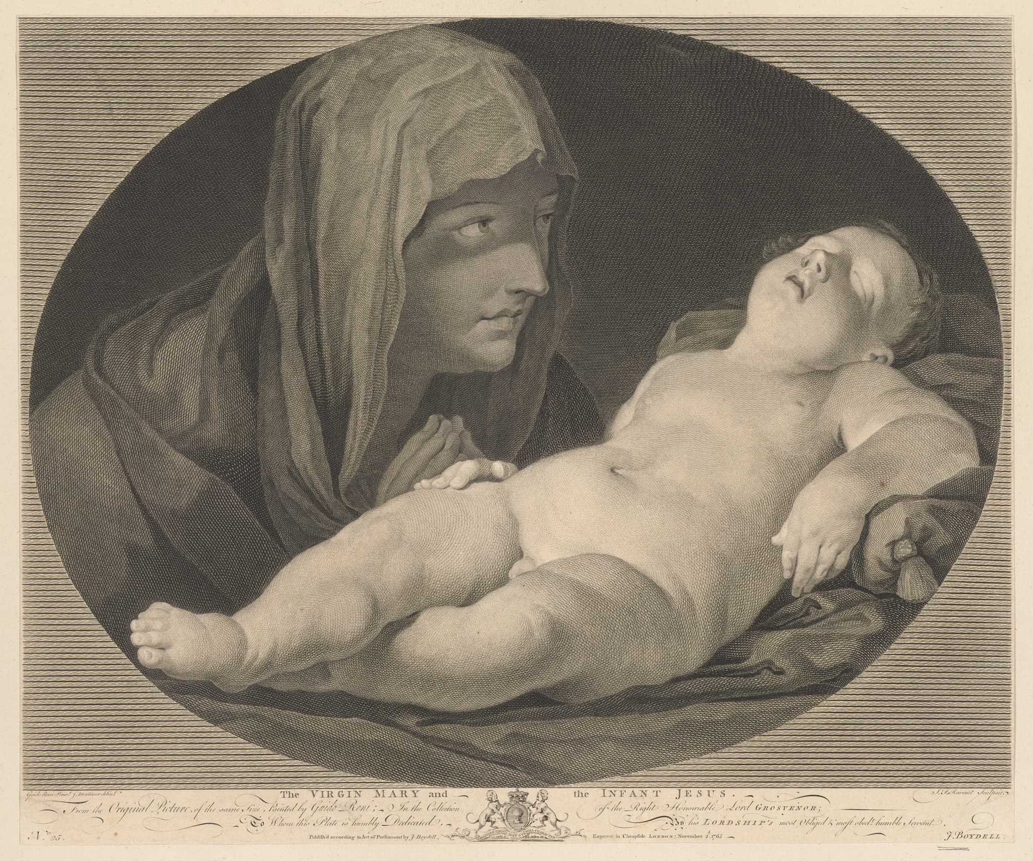 The Virgin in prayer, looking at the sleeping infant Christ, in an oval frame, after Reni