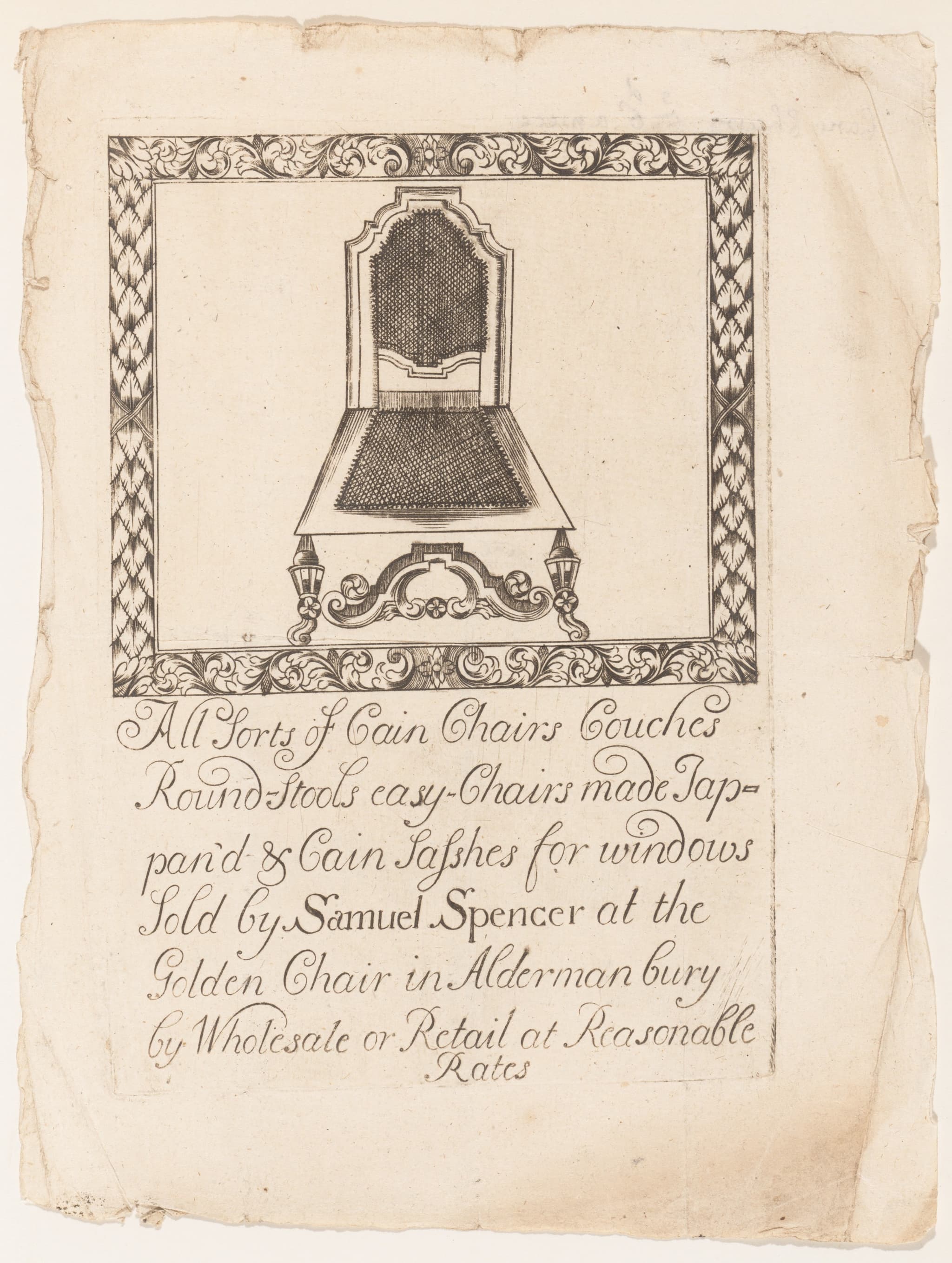 Trade Card of Samuel Spencer, Cain Chairs, at the Golden Chair in Aldermanbury