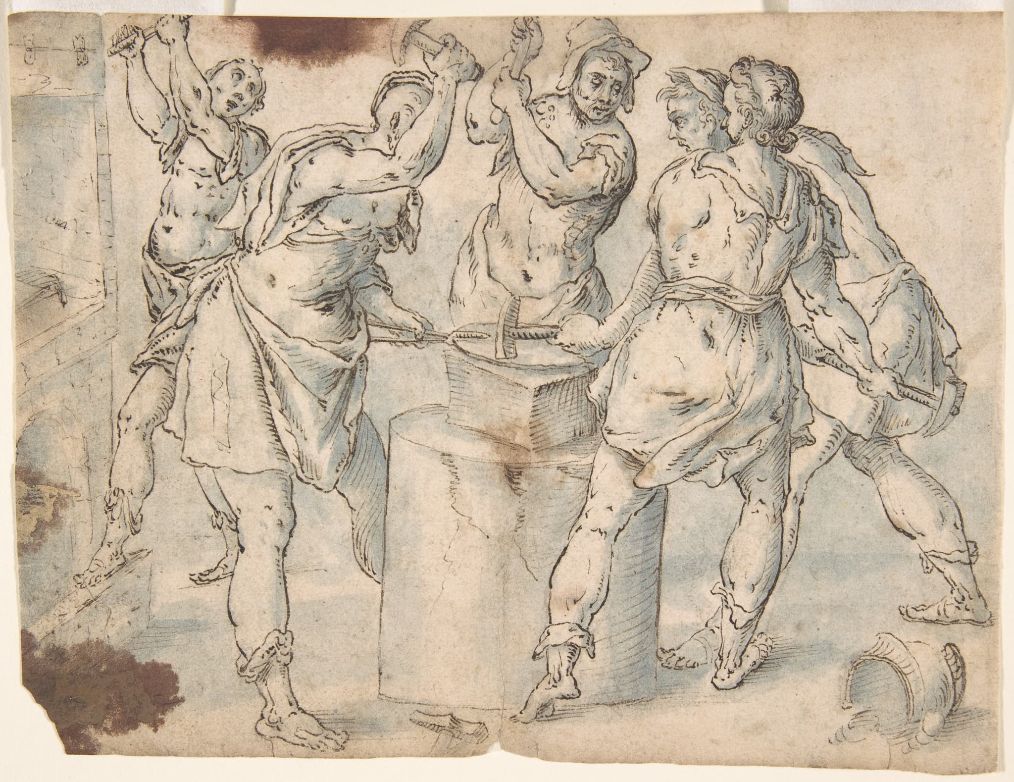 Five Men Around an Anvil, verso: Figures in a Wood (The Preaching of Saint John the Baptist?)