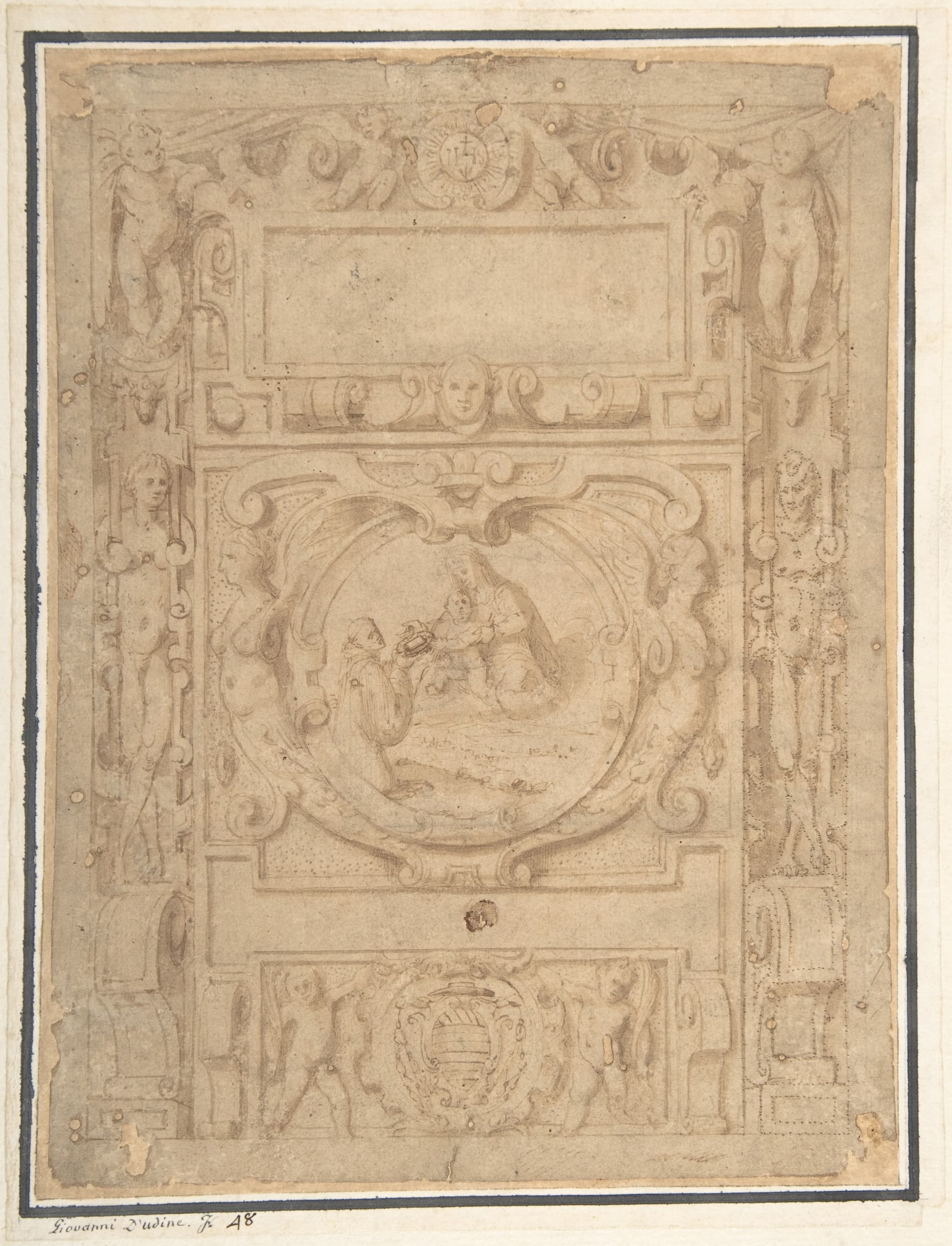Design for a Cartouche with the "IHS" Monogram of the Society of Jesus, Putti, Fantastick Creatures, at the Borders, a Central Scene of the Virgin and Child with a Monastic Figure, and the Family Arms of a Cardinal