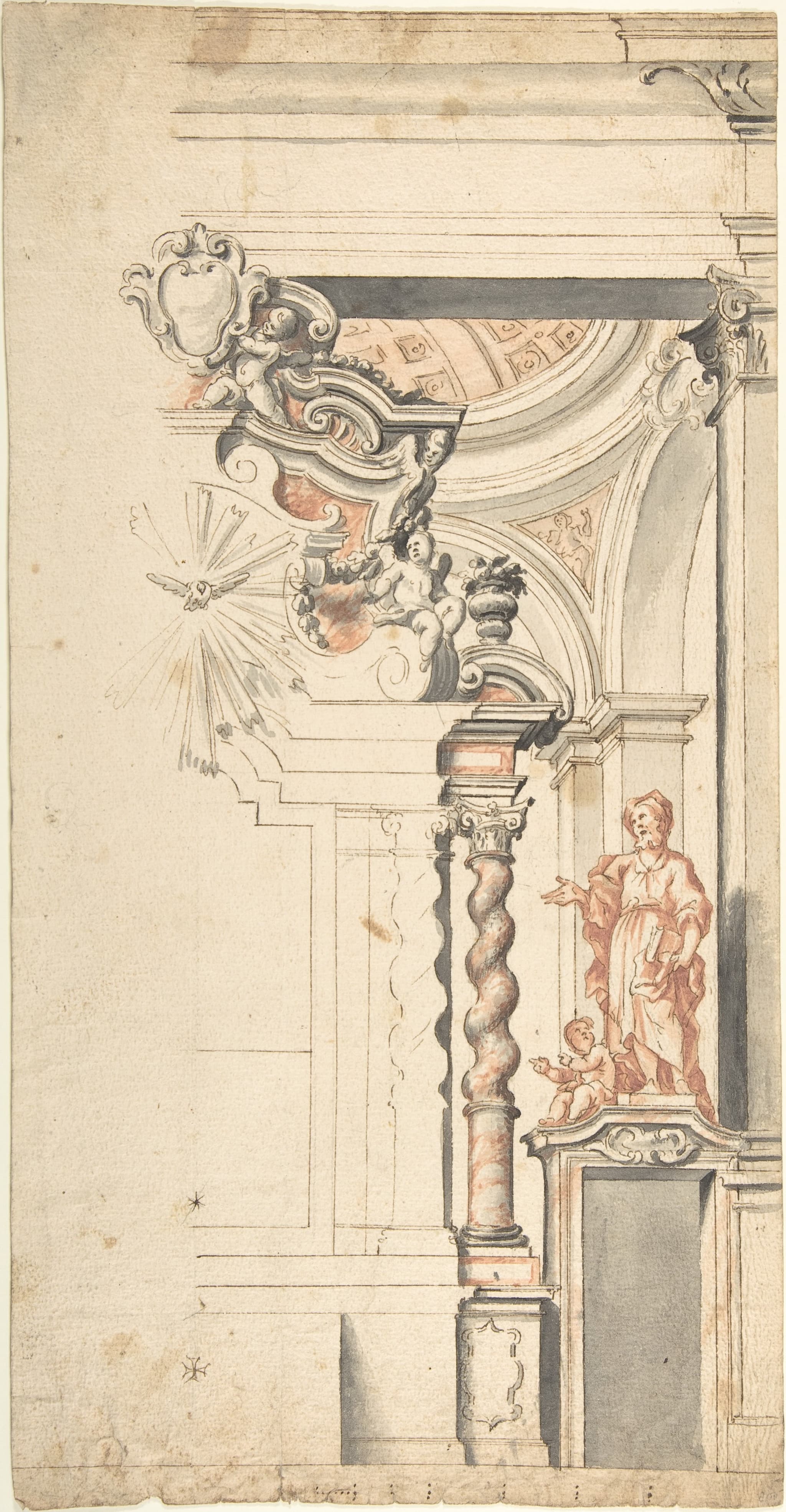 Design for One Half a Chapel with the Dove of the Holy Ghost above the Main Altar, and a Statue of an Evangelist at right