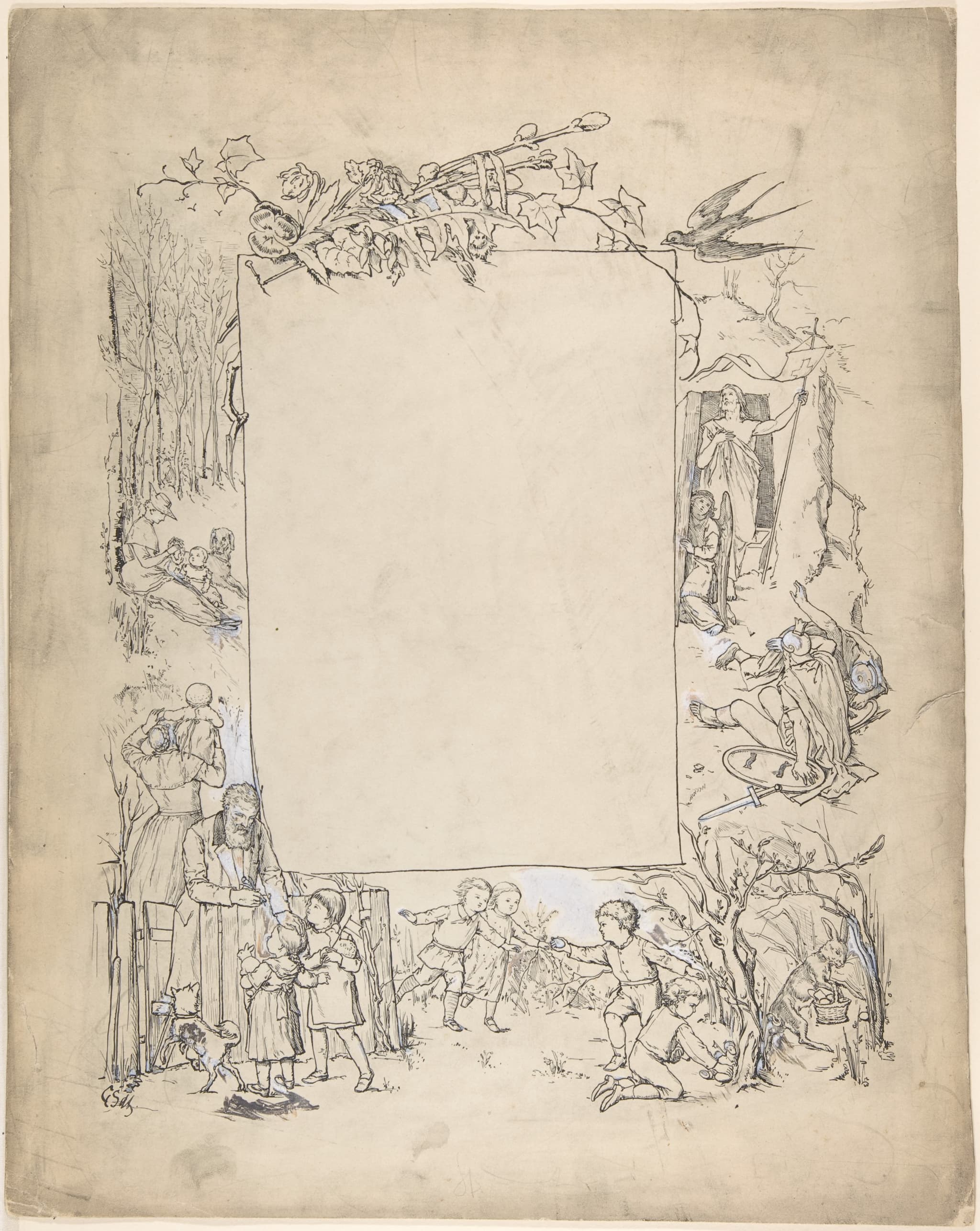 Cartouche framed with scenes of Christ leaving tomb and Easter Bunny