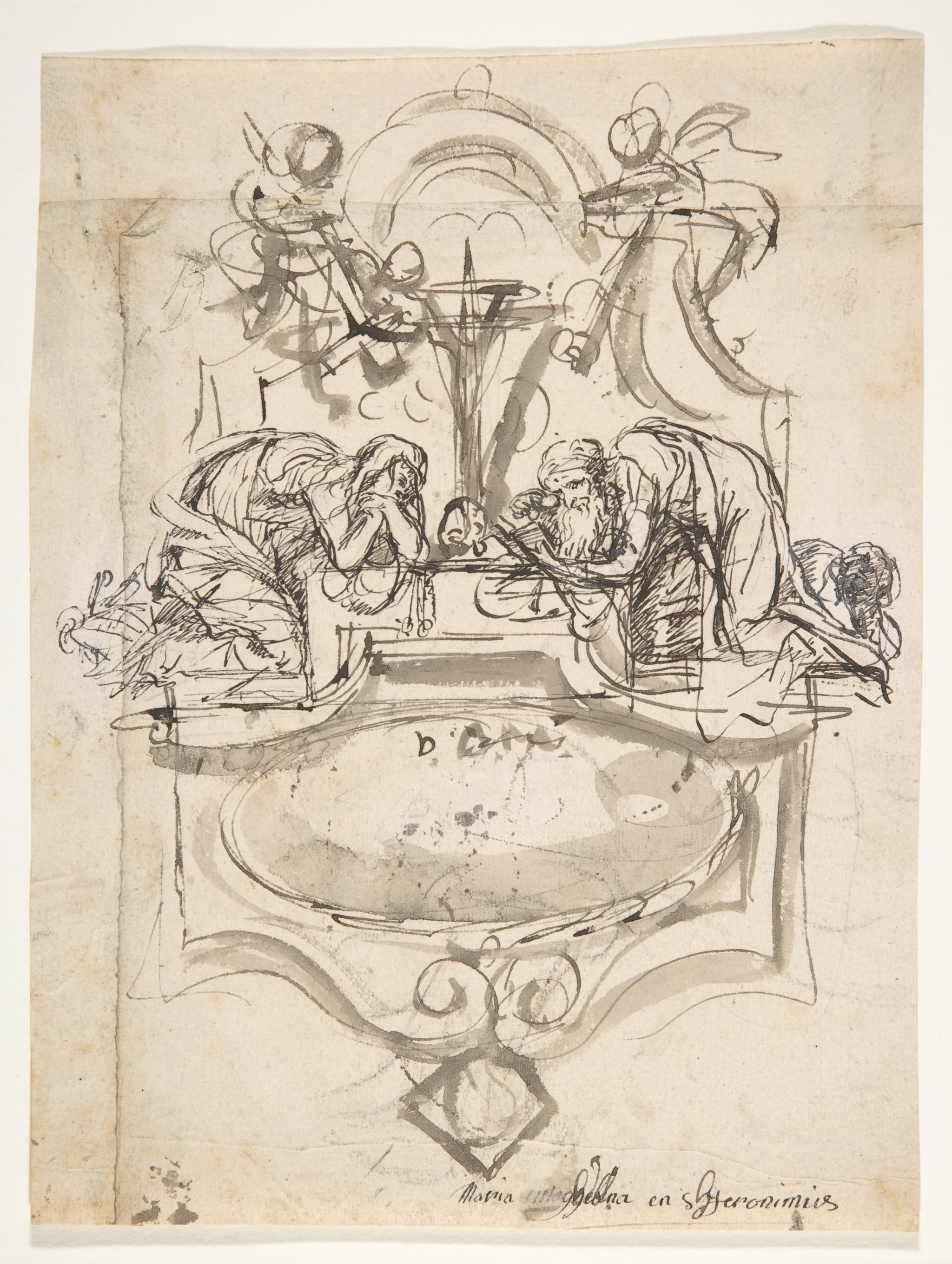 Design for a sepulchral monument with Mary Magdalen and Saint Jerome (recto); Sketch (counterproof) and writing exercises (verso)