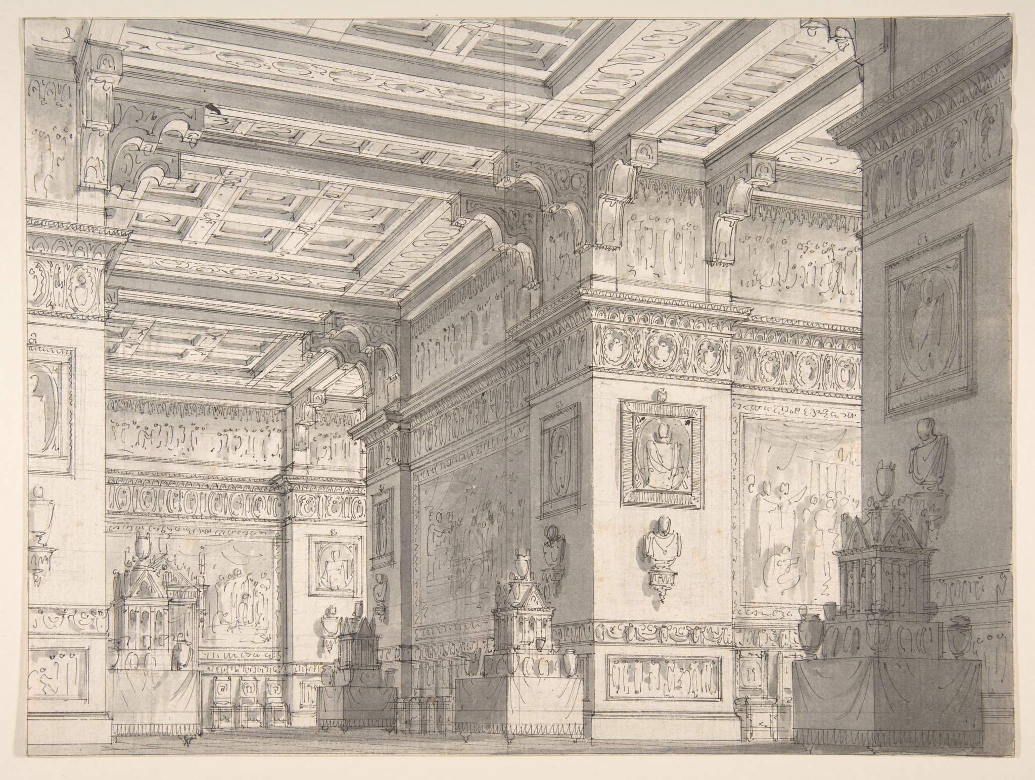 Design for a Stage Set?:Interior of a Stateroom with Four Tables Displaying Urns and Tabernacles.