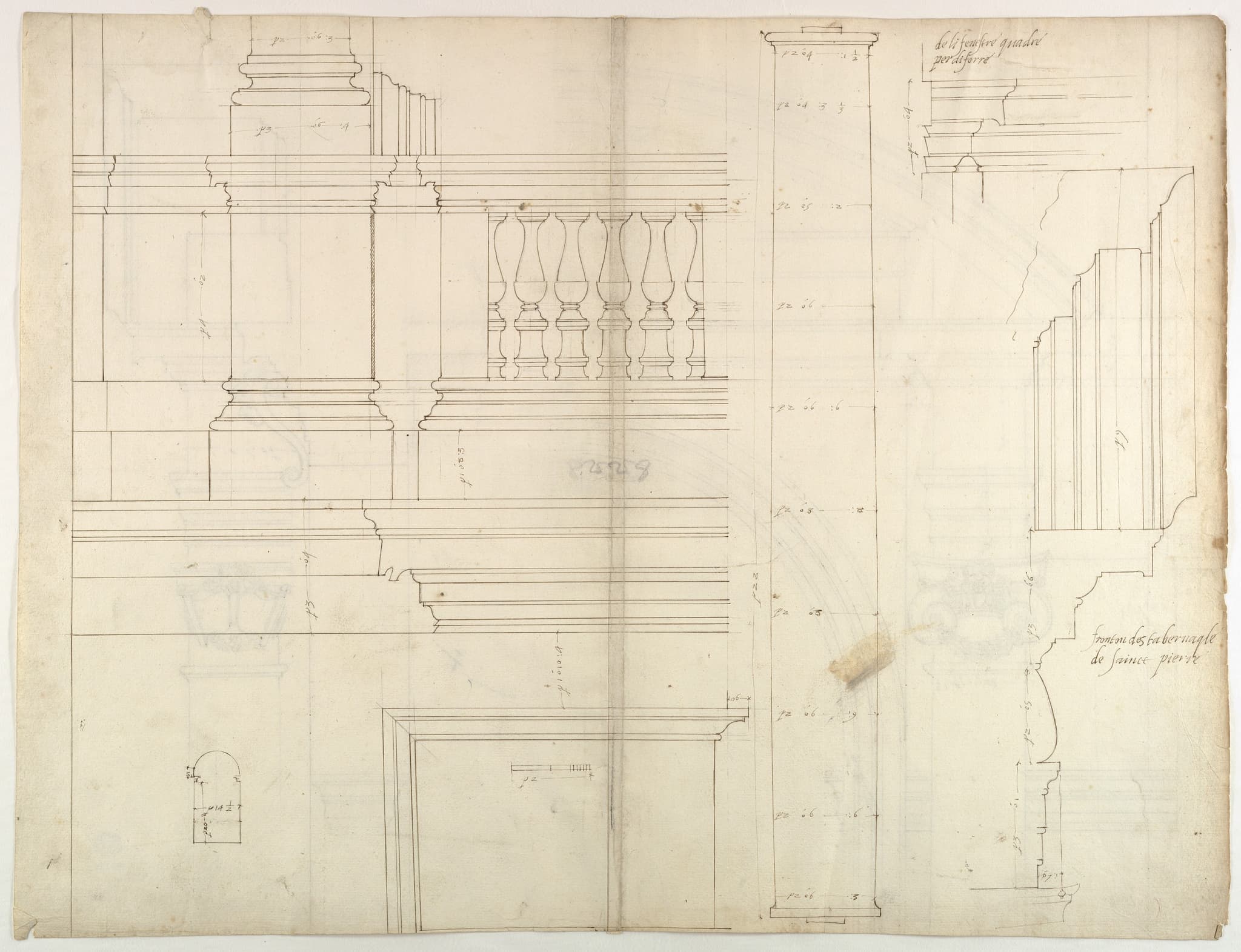 St. Peter's, exterior, tabernacle, elevation and section at base with details of pedestal and railing, (recto)
St. Peter's, exterior, tabernacle, elevation and section at arched opening (verso)