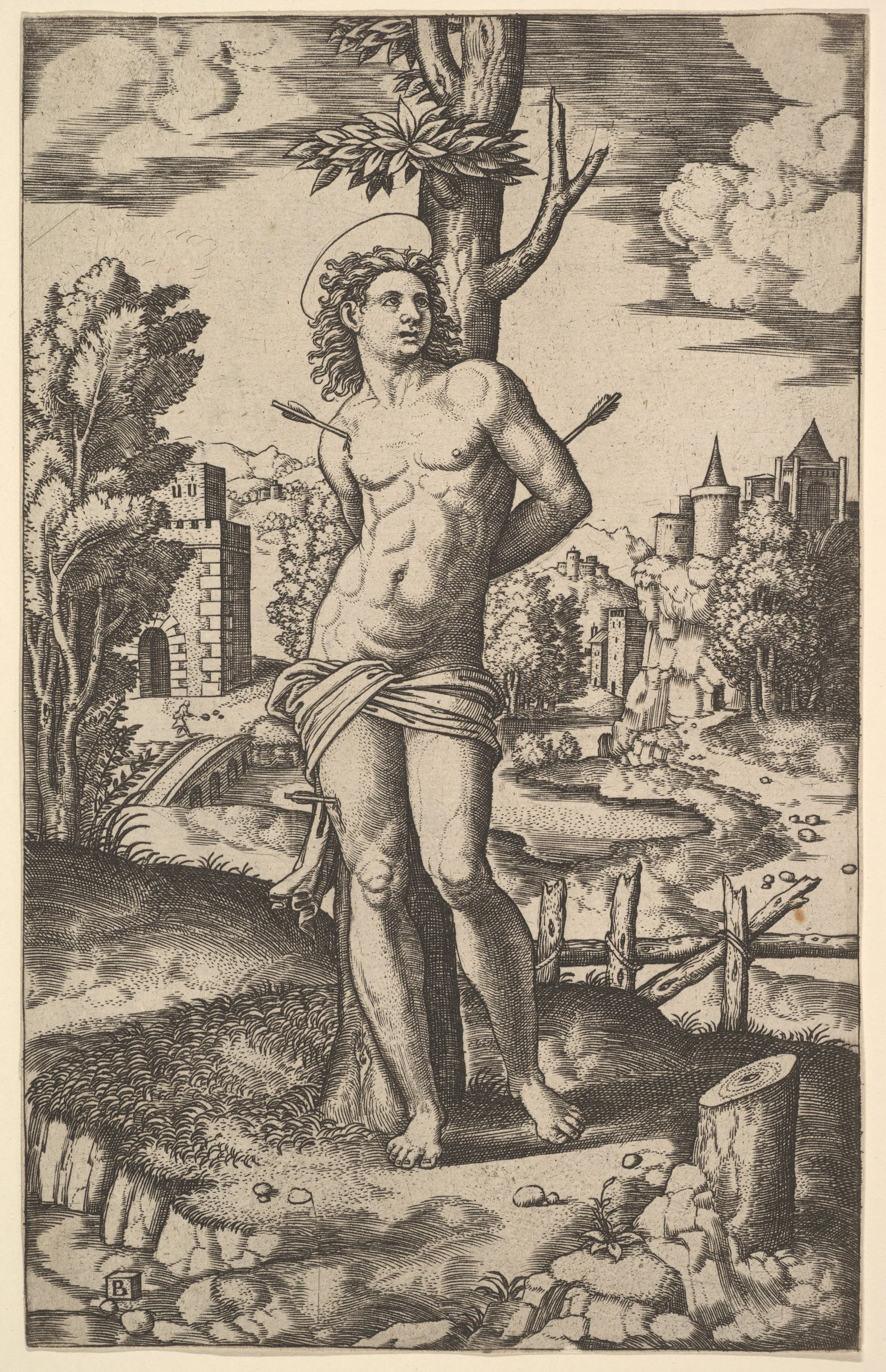 Saint Sebastian tied to a tree and pierced with arrows