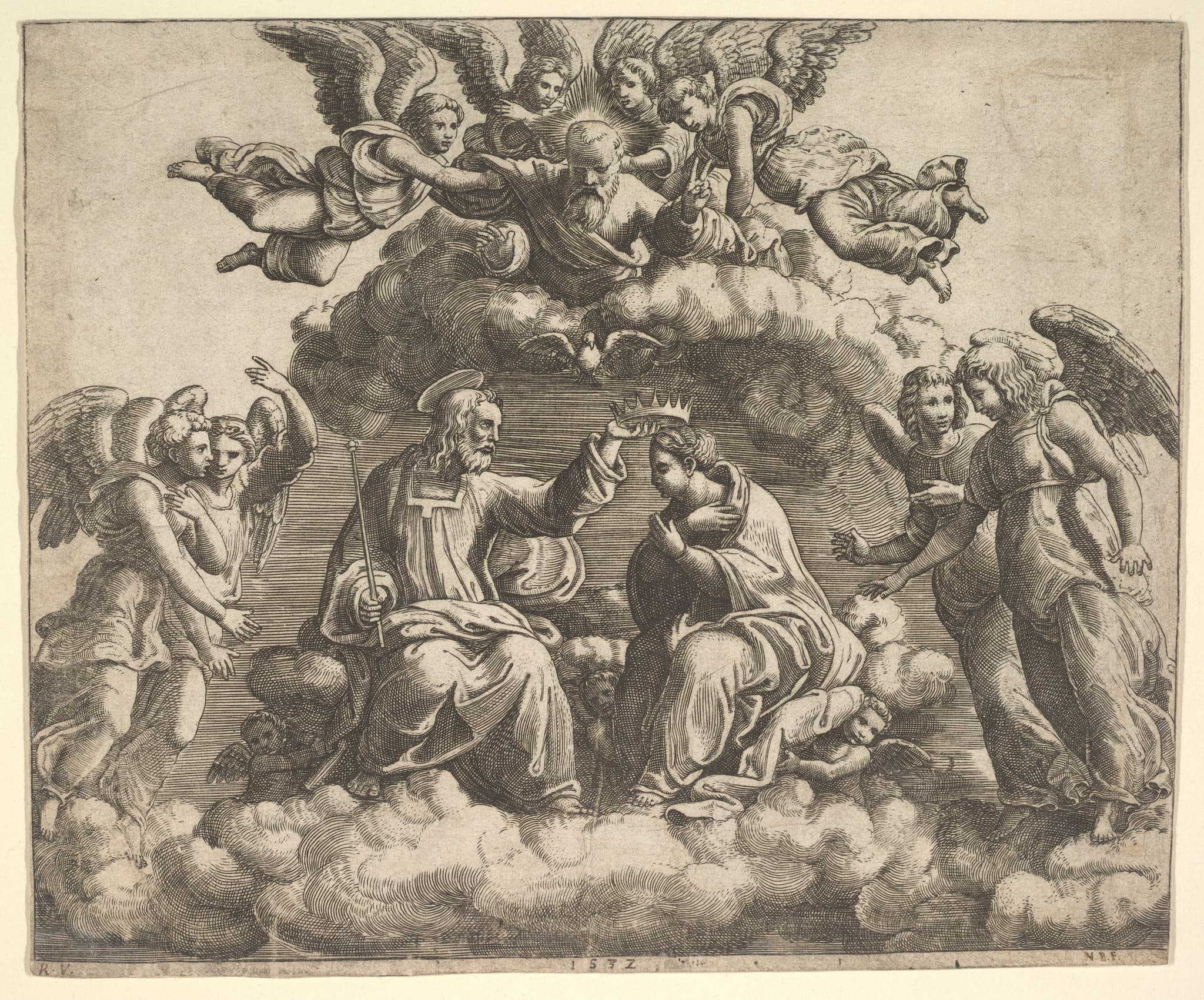 The coronation of the Virgin, Christ holding the crown over her head, God the Father  blessing above