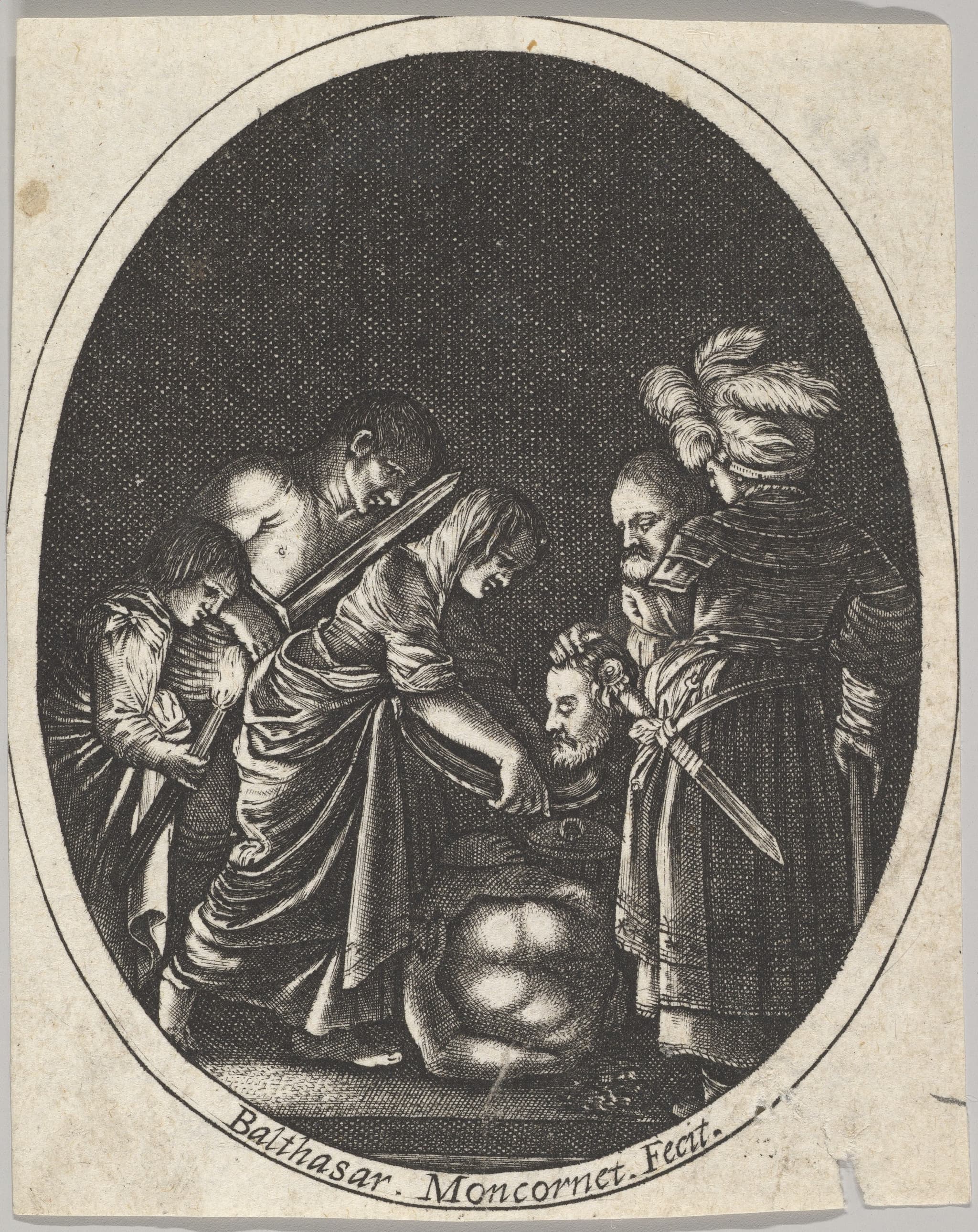 Salome receiving the head of John the Baptist, surrounded by three men and a child bearing a torch, the Baptist's body lies on the ground
