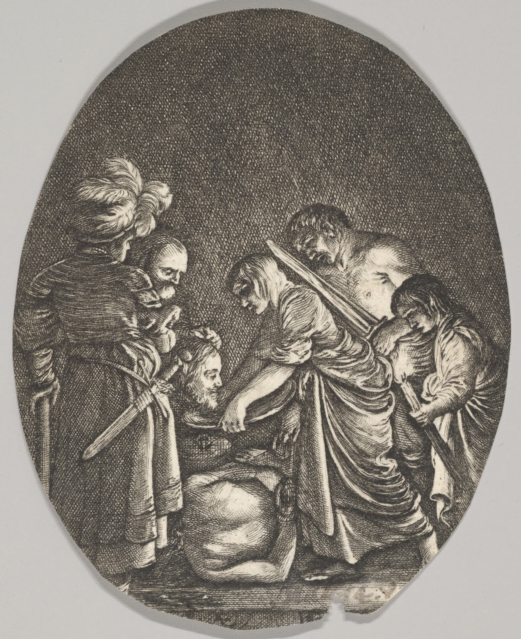 Salome receiving the head of John the Baptist, surrounded by three men and a child bearing a torch, the Baptist's body lies on the ground