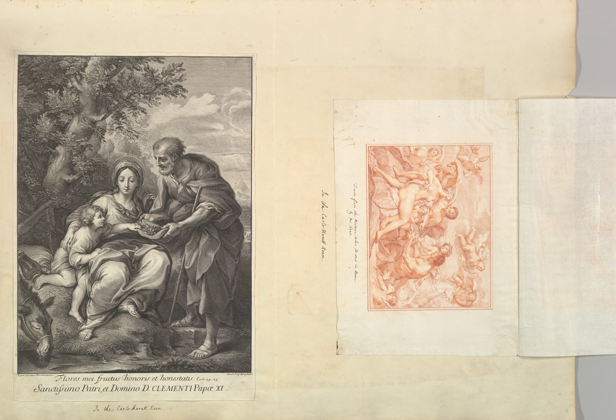 Leaf from Aedes Walpolianae mounted with a print and a drawing: (a): The Virgin and Joseph with the Young Jesus; (b): Acis and Galatea