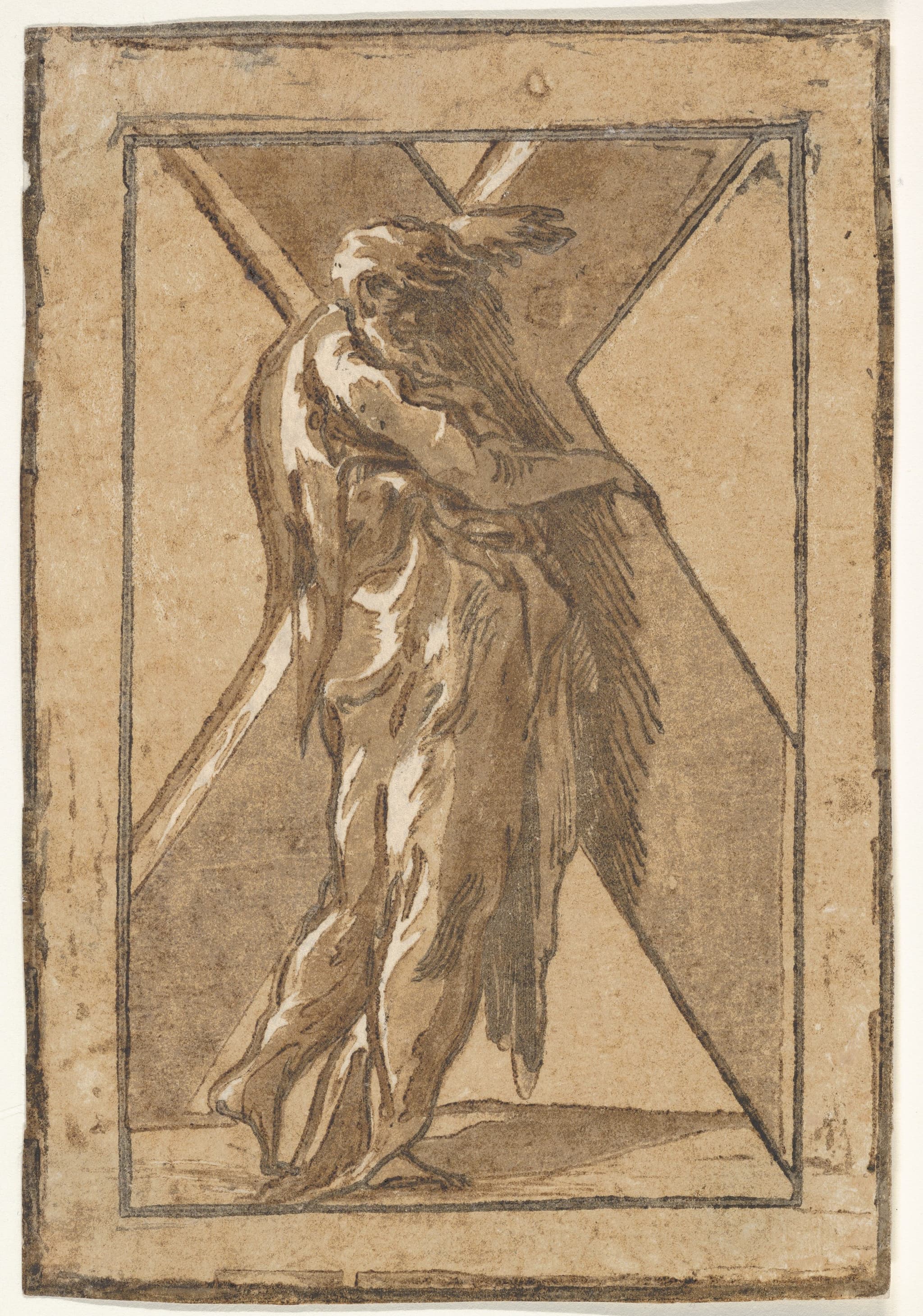 Saint Andrew standing in profile holding a large cross, from "Twelve Apostles"
