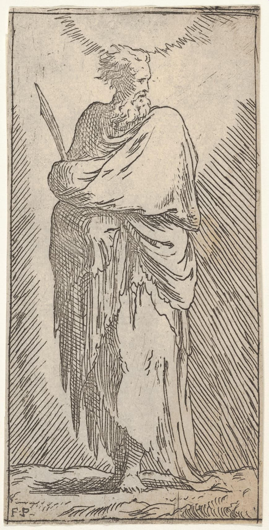 St. Bartholomew, standing in frontal view with head facing to right and holding martyr's palm with both arms, from "Christ and the Twelve Apostles"