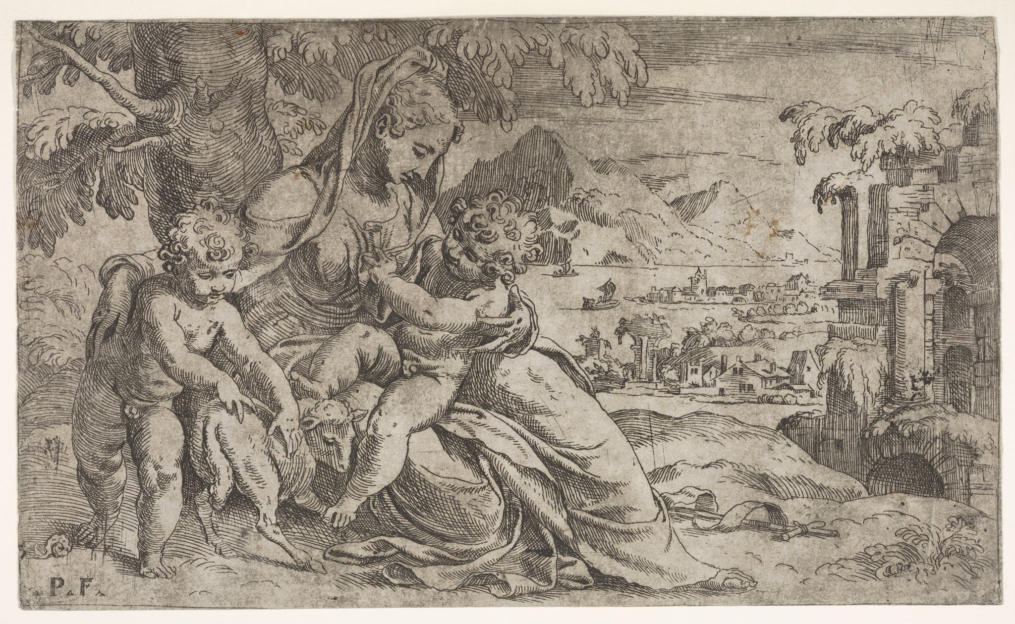 Seated Virgin and Child with Saint John the Baptist and a lamb on a hillside