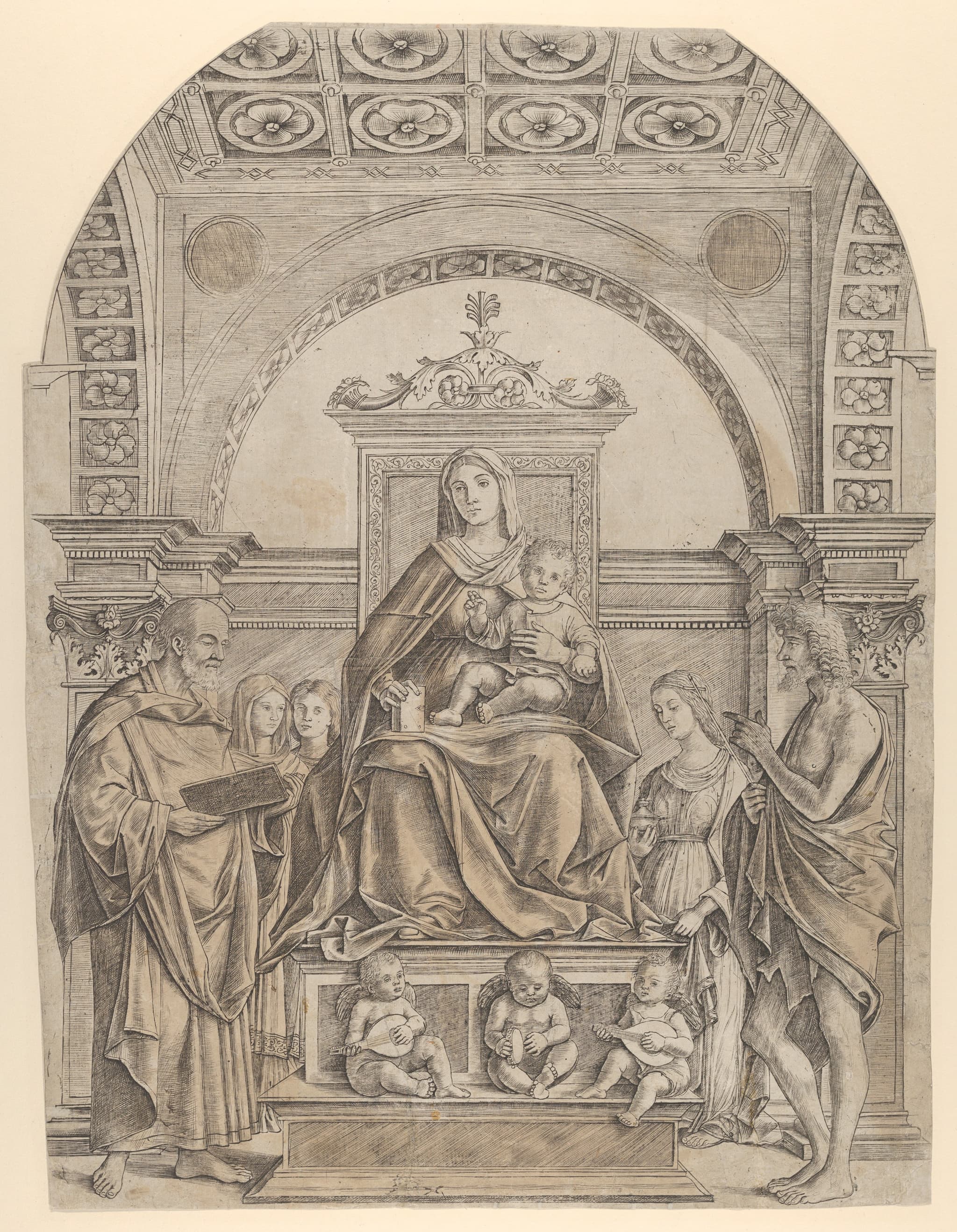 The Virgin and Child enthroned surrounded by saints and angels