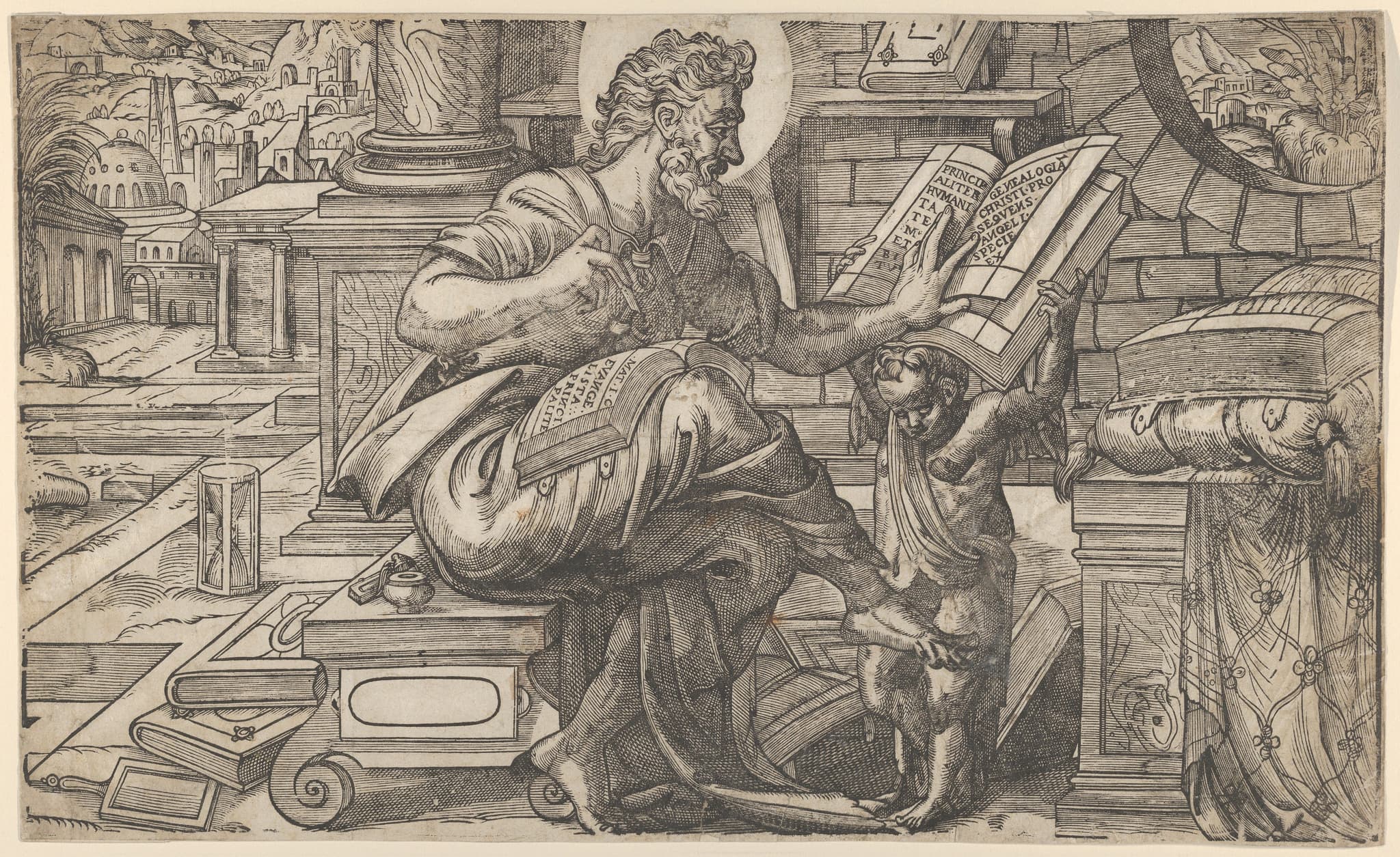 Saint Matthew seated and reading from a book held by a putto, set within a fanciful architectural backdrop, from a series of woodcuts of the Four Evangelists, copy after Rue Montorgueil woodcut