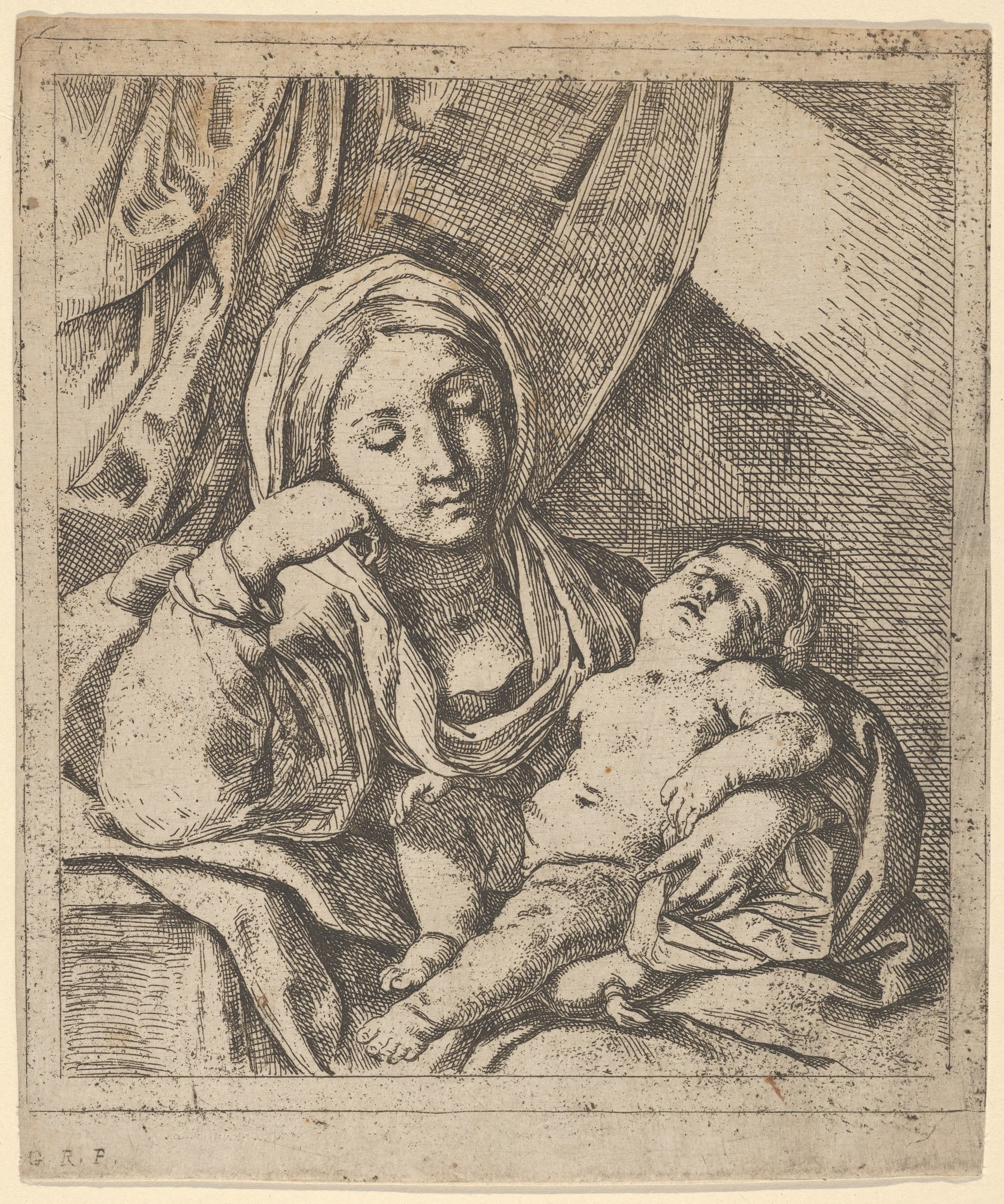 The Virgin seated, resting her head on her right hand and holding the sleeping infant Christ on her lap