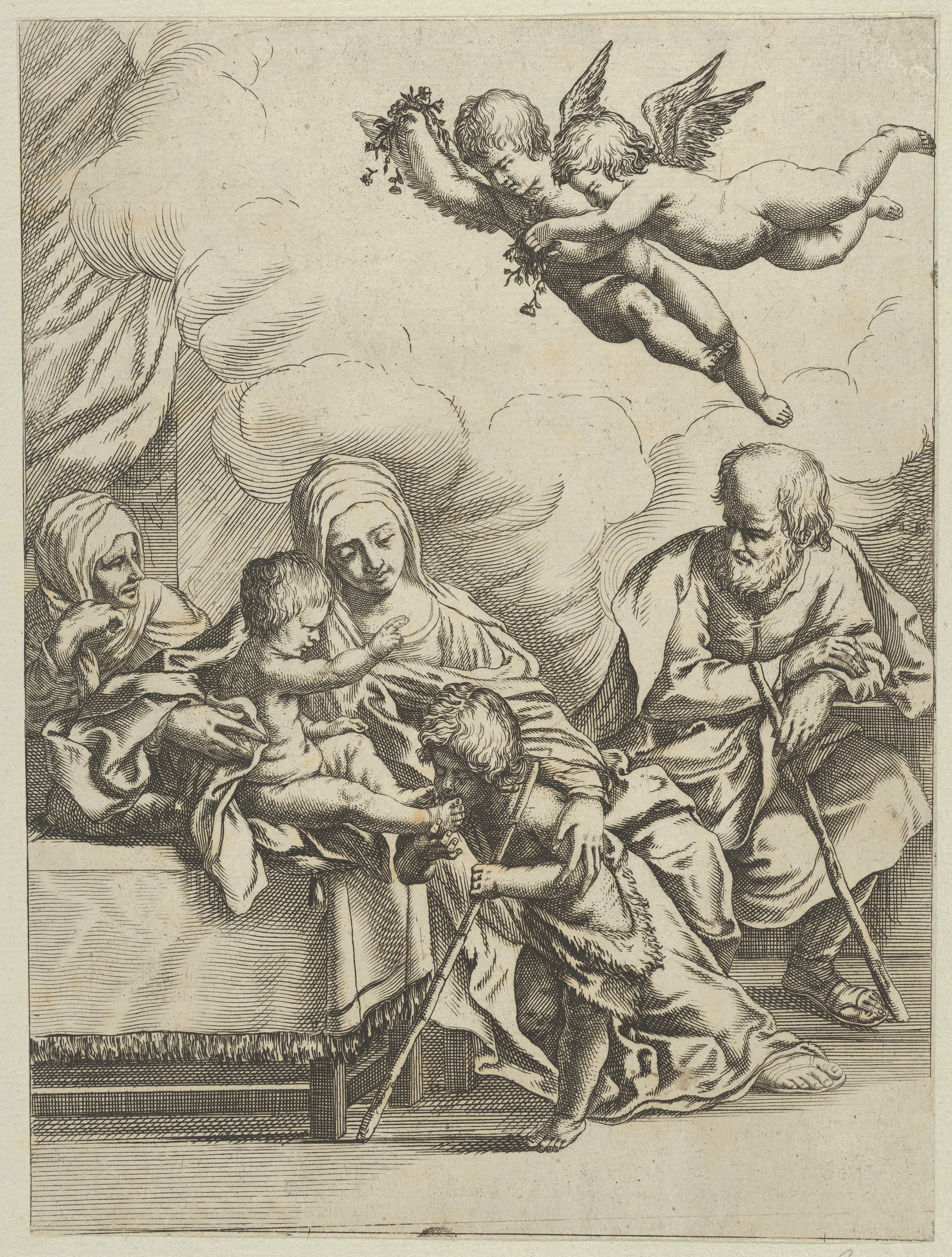 The Holy Family with young John the Baptist and Saint Elizabeth, two angels above, after Reni