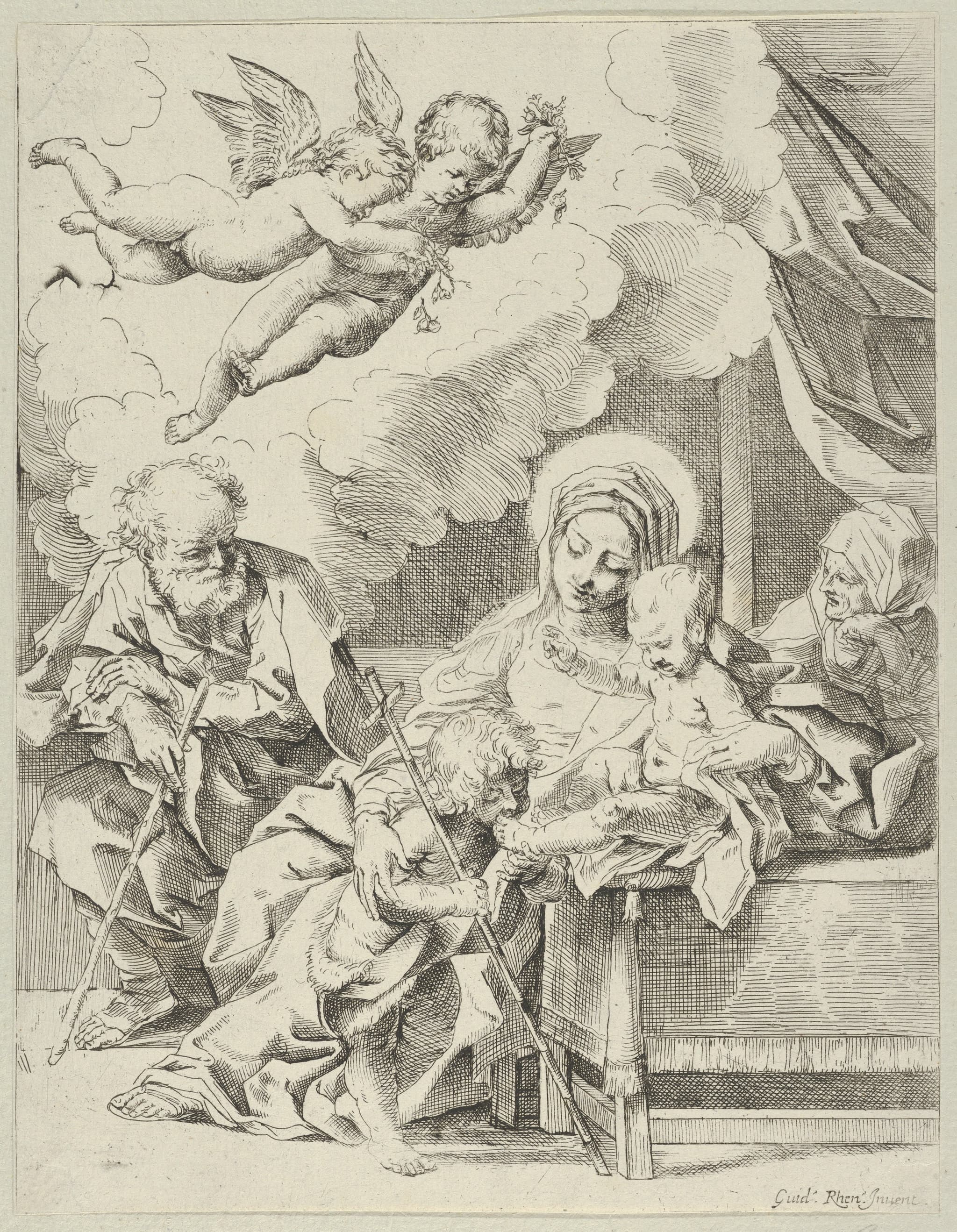 The Holy Family with young John the Baptist and Saint Elizabeth, two angels above, after Reni