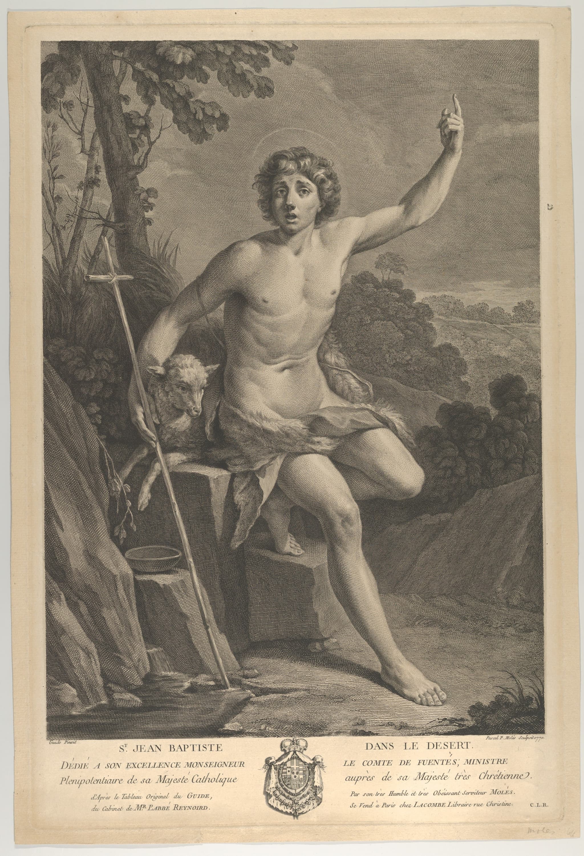 Saint John the Baptist in the desert, seated on a rock and pointing upward with his left hand, a lamb at his right