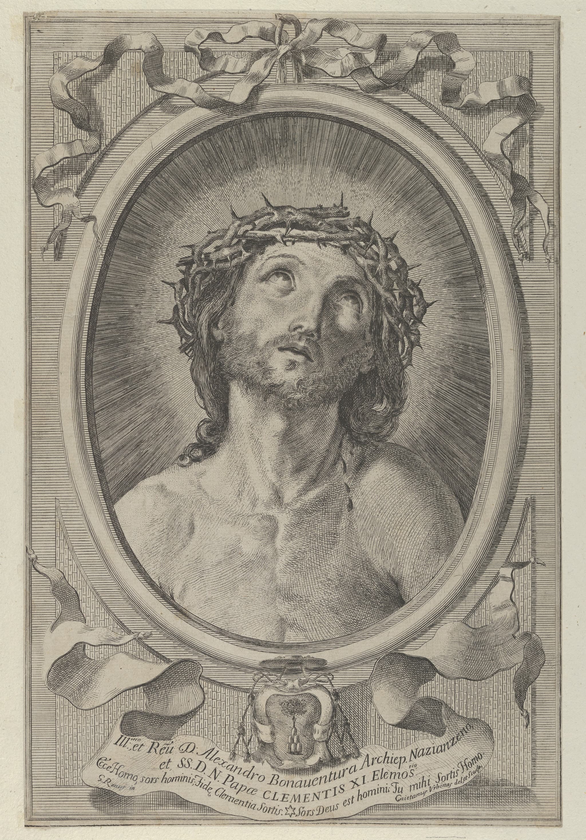 Head of Christ with crown of thorns, in an oval frame with a ribbon above and banderole below, after Reni