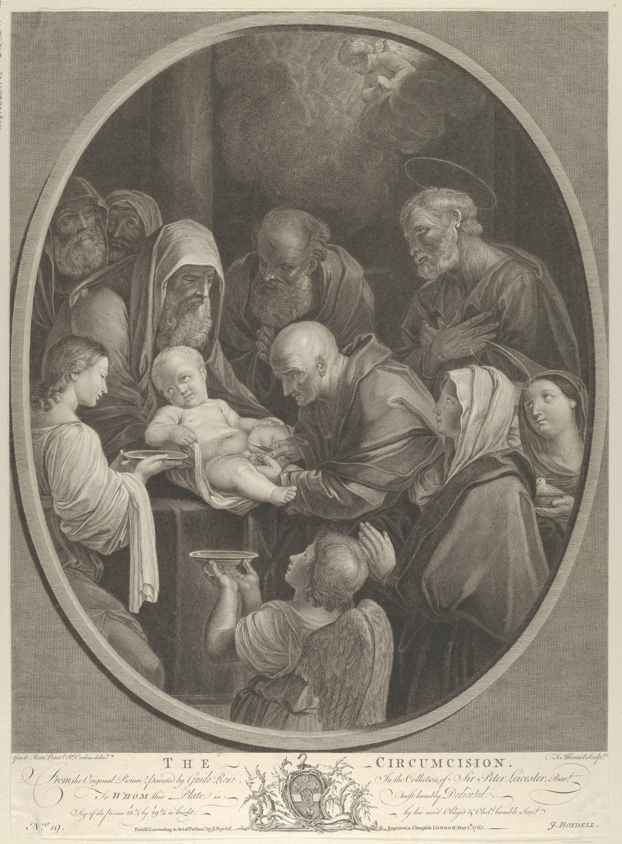 The Circumcision of Christ, a group of men and women surrounding him, an angel in the foreground, after Reni