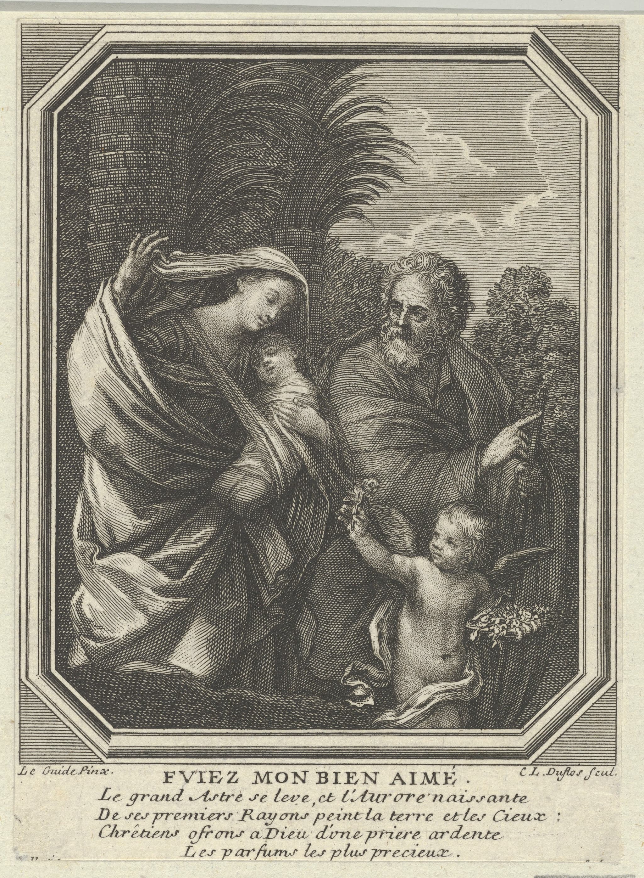 The Flight into Egypt; the holy family walking with the young John the Baptist, trees behind them, in an octagonal frame, after Reni