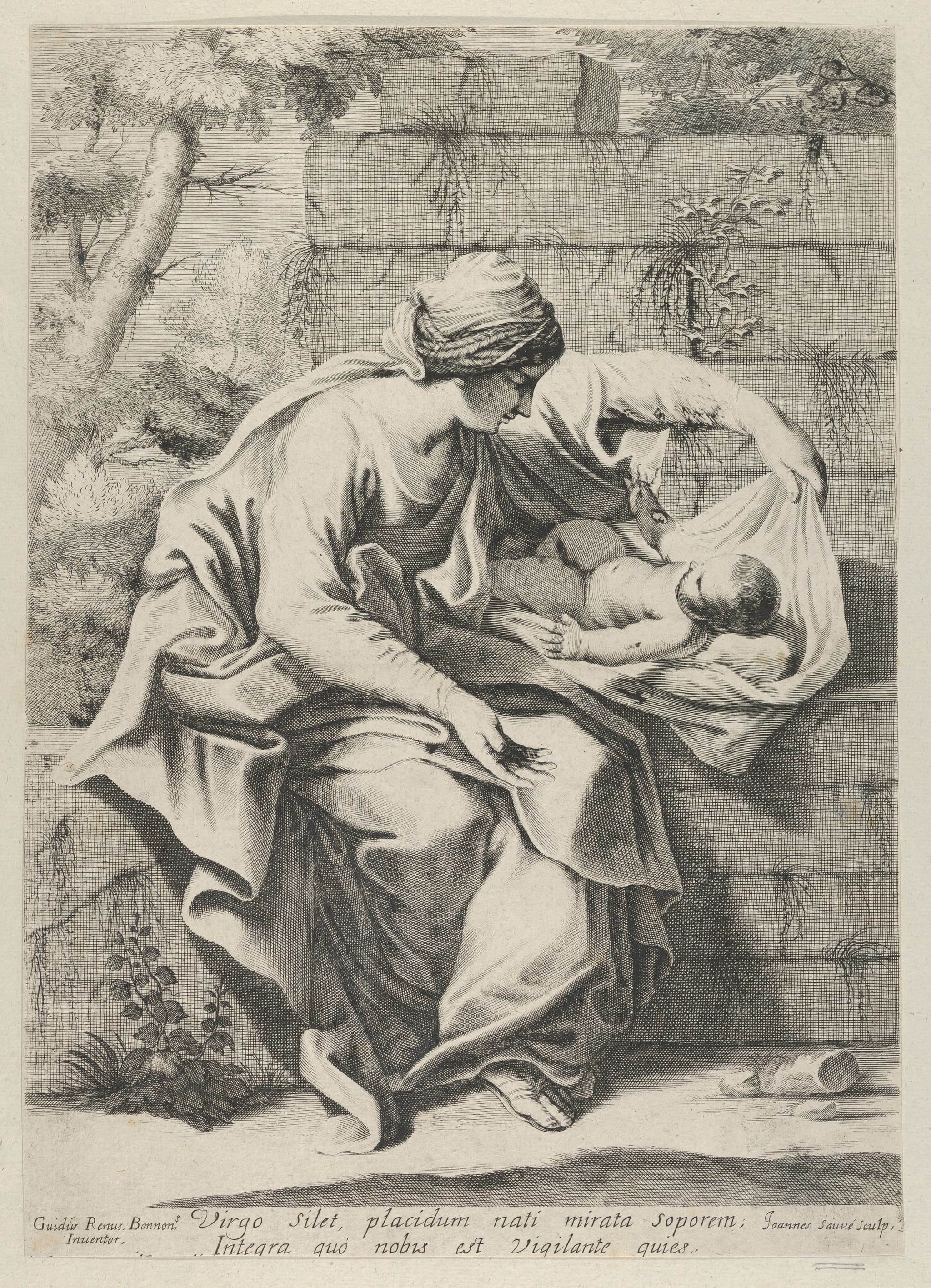 The Virgin seated on a stone ledge with the infant Christ lying on a cushion next to her, after Reni