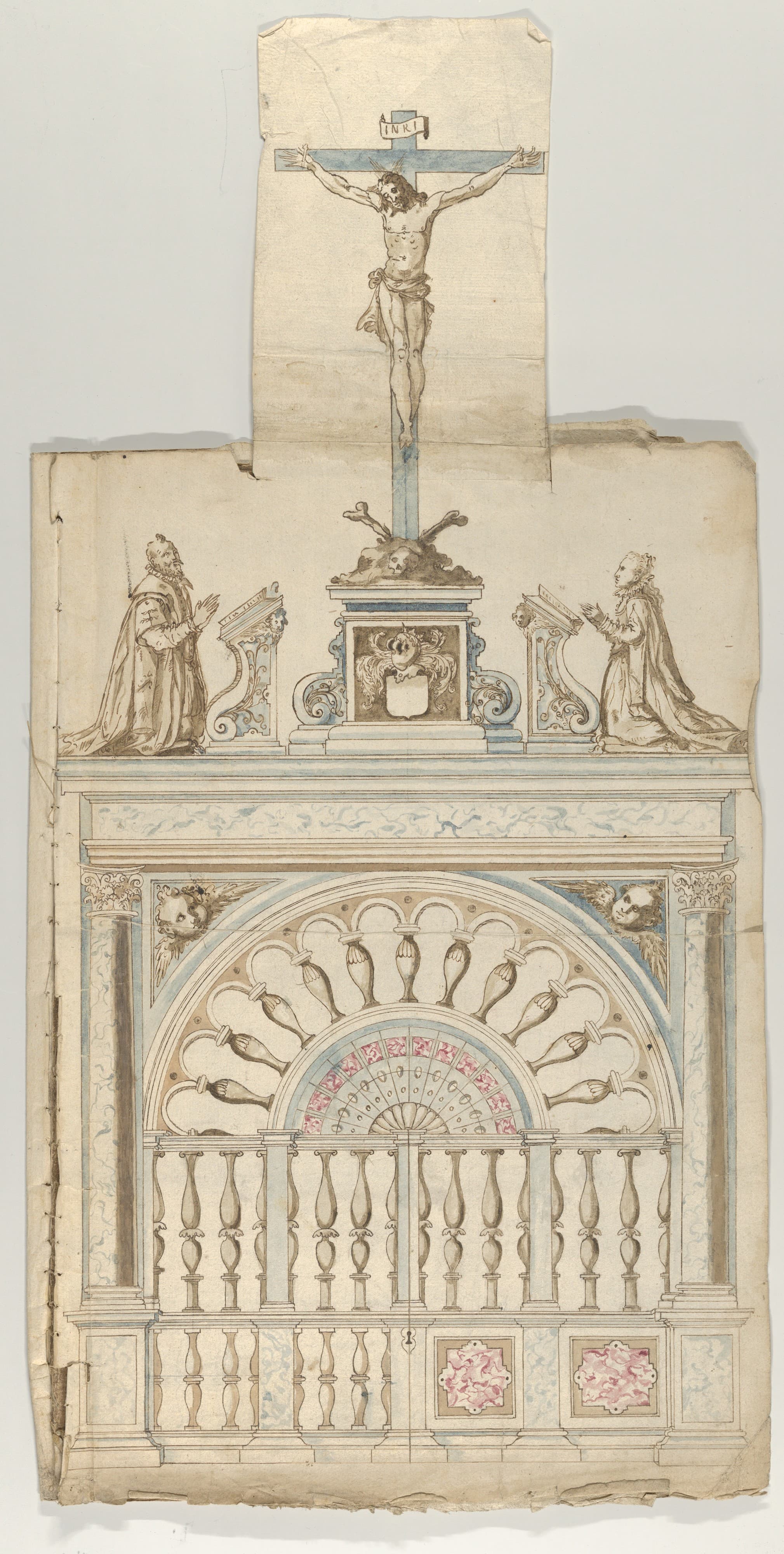 Design for a Choir Screen with Donor Statues flanking a Crucifix