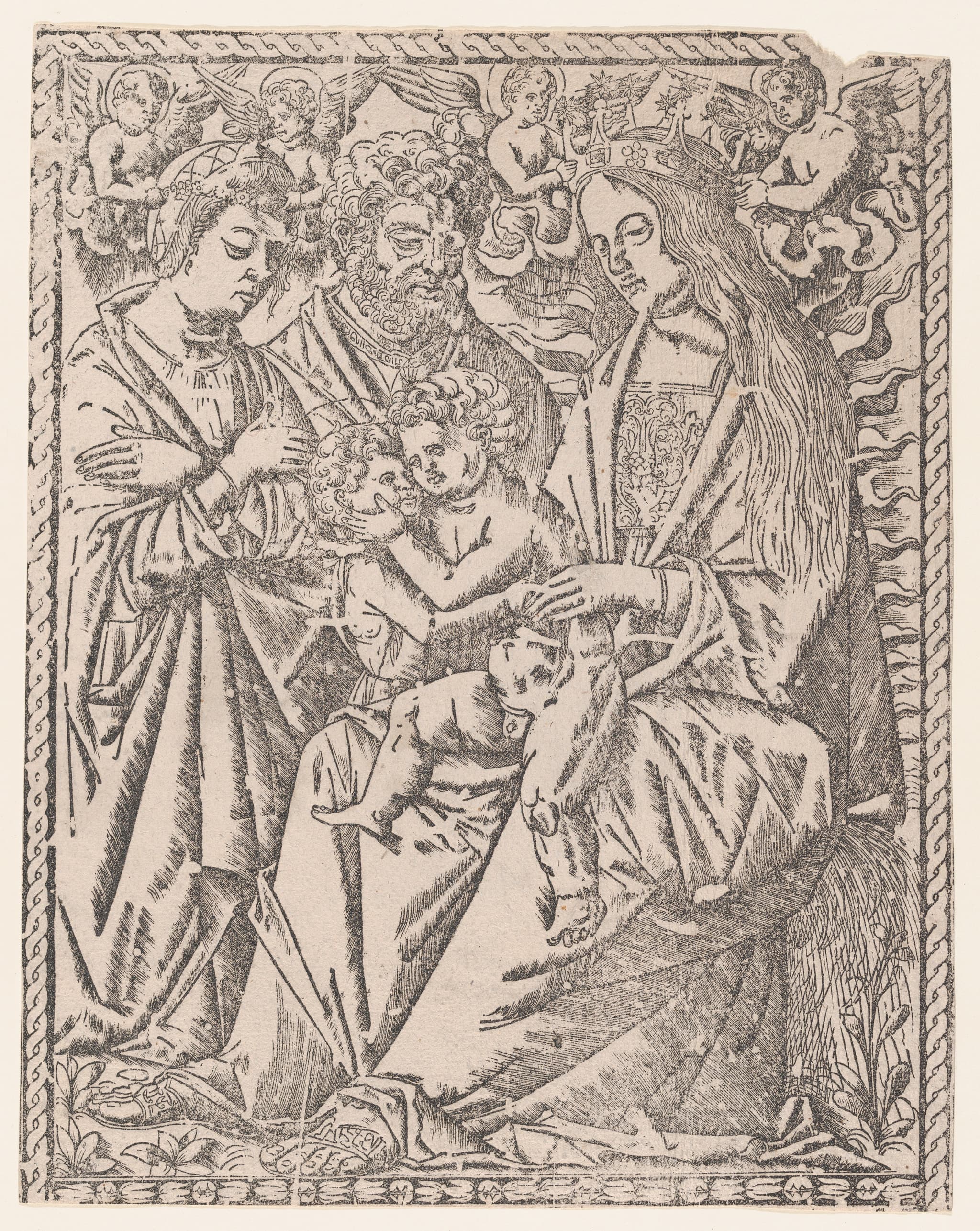 Saint John the Baptist embracing the Christ Child who sits on the Virgin's knee, she is being crowned by angels, other saints at left