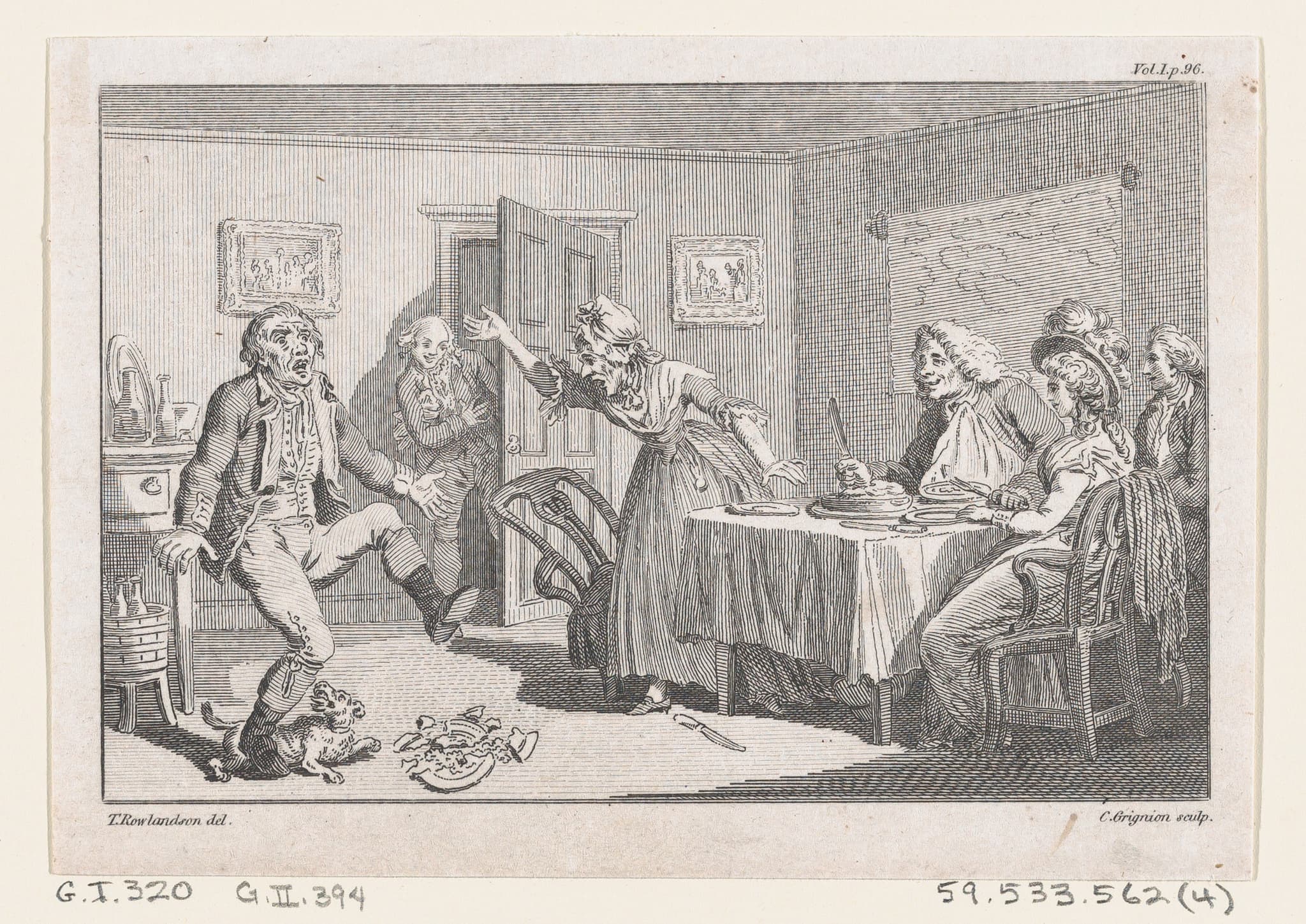Humphry Clinker Smashing a Dish at Dinner..., an illustration from Tobias Smollett's "The Expedition of Humphry Clinker" (London, 1793), Vol. 1