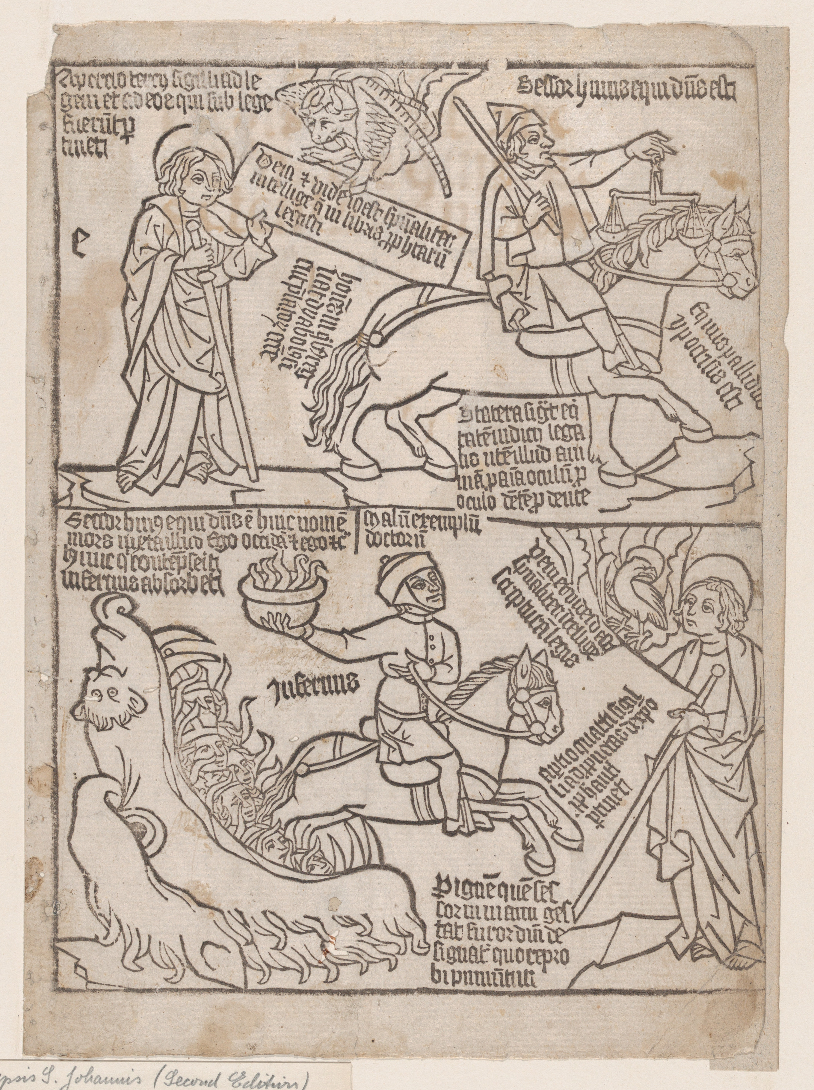 A Rider on a Black Horse with a Pair of Balances in His Hand; and A Pale Horse with Death as Its Rider, from an Apocalypse blockbook, 2nd edition