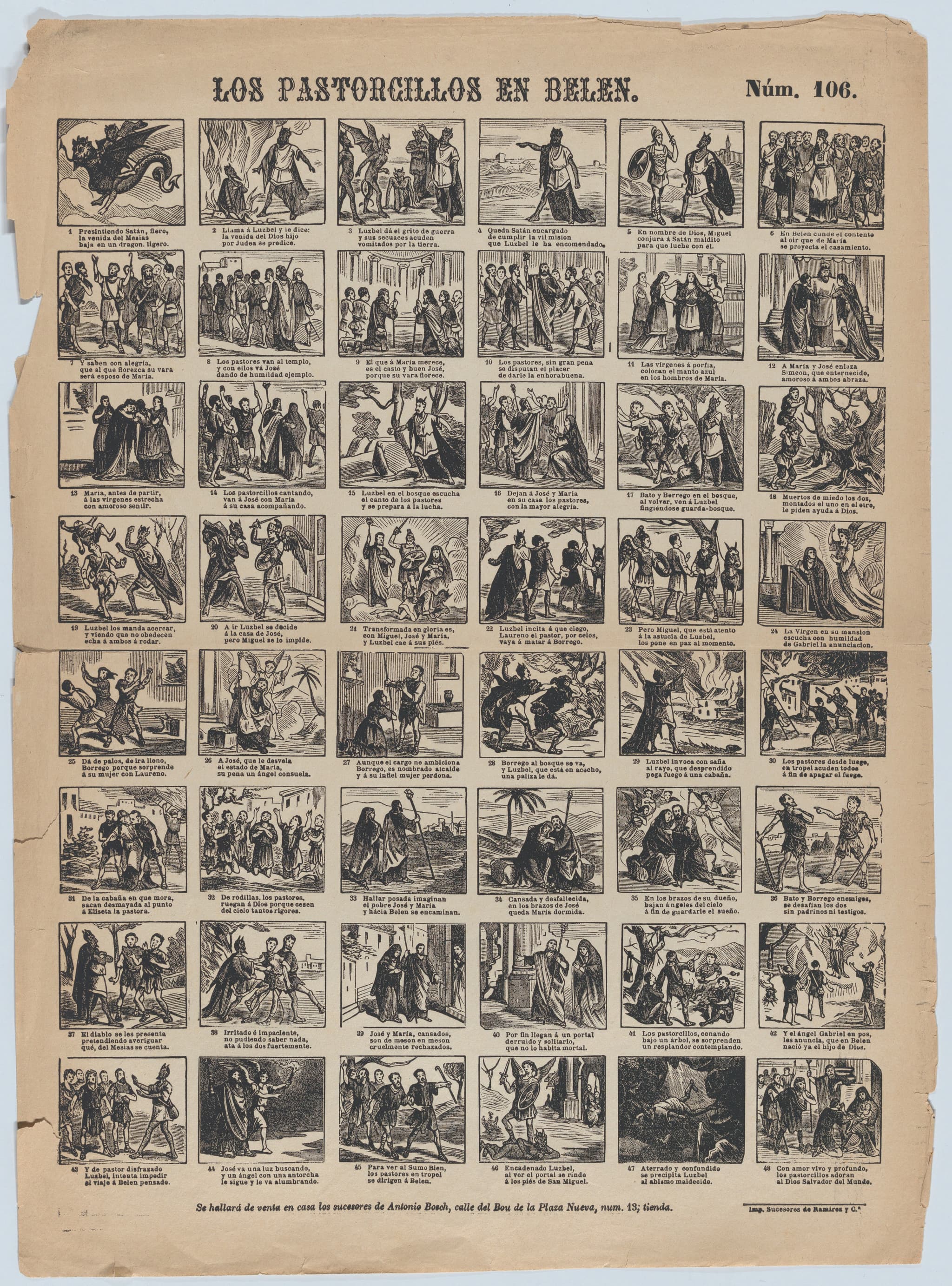 Broadside with 48 scenes relating to the nativity of Christ
