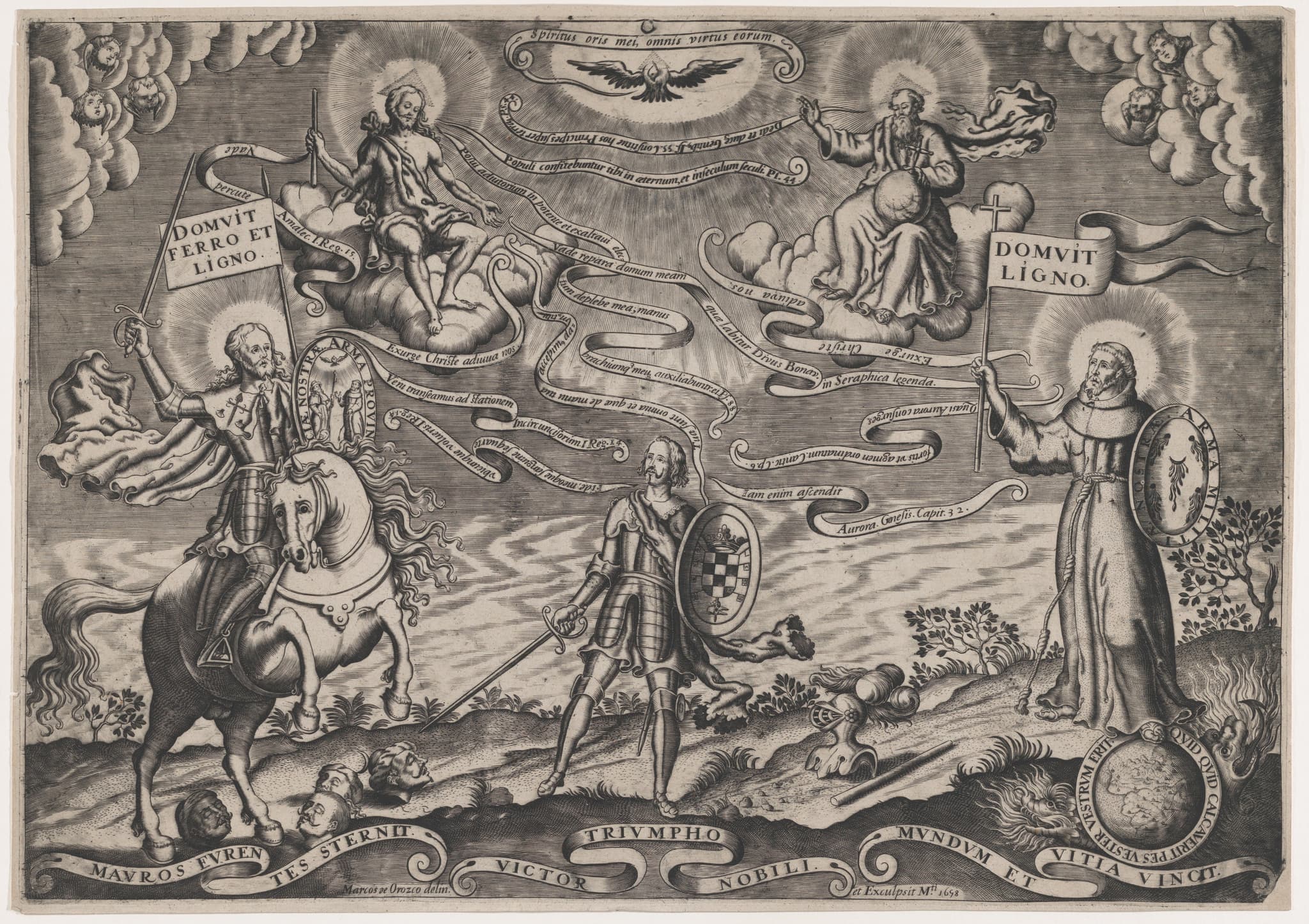 The triumph of faith, a soldier standing in centre holding shield adorned with arms of  Alva; Holy Trinity above, St James Major on horseback at left