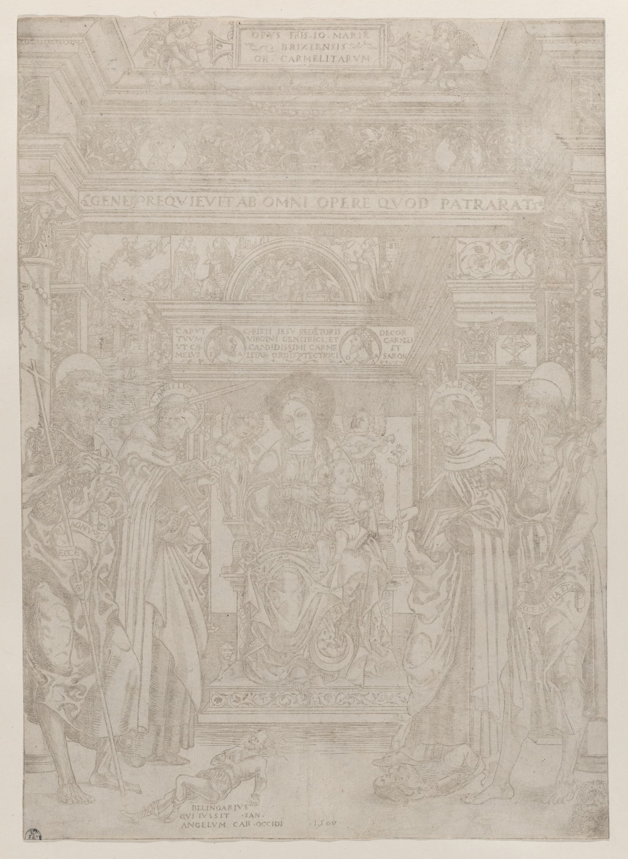 The Virgin and Child enthroned within an elaborate architectural structure, flanked by four saints, at left St John the Baptist and St Angelus, at right St  Albert and St Jerome