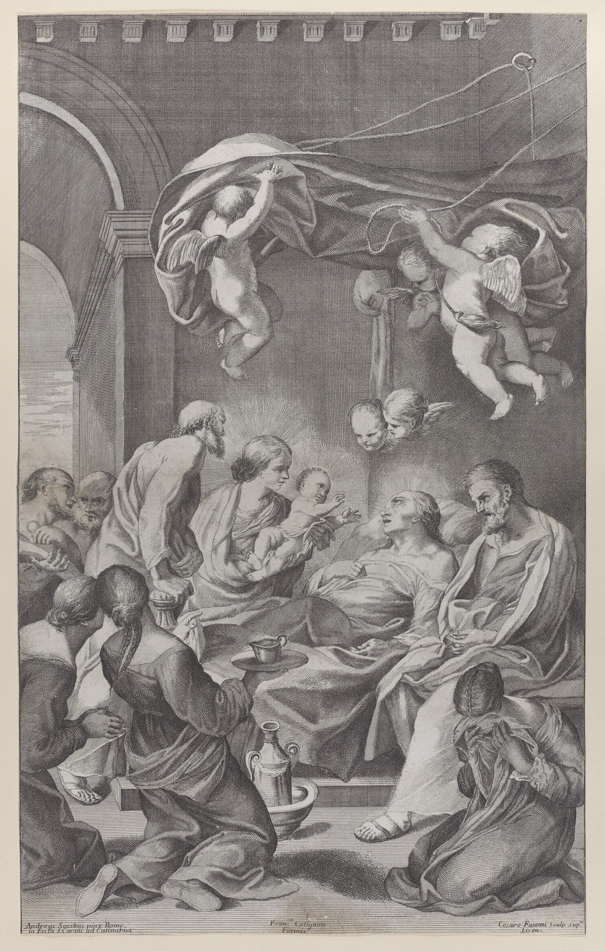 The death of Saint Anne with various family members surrounding her and angels overhead