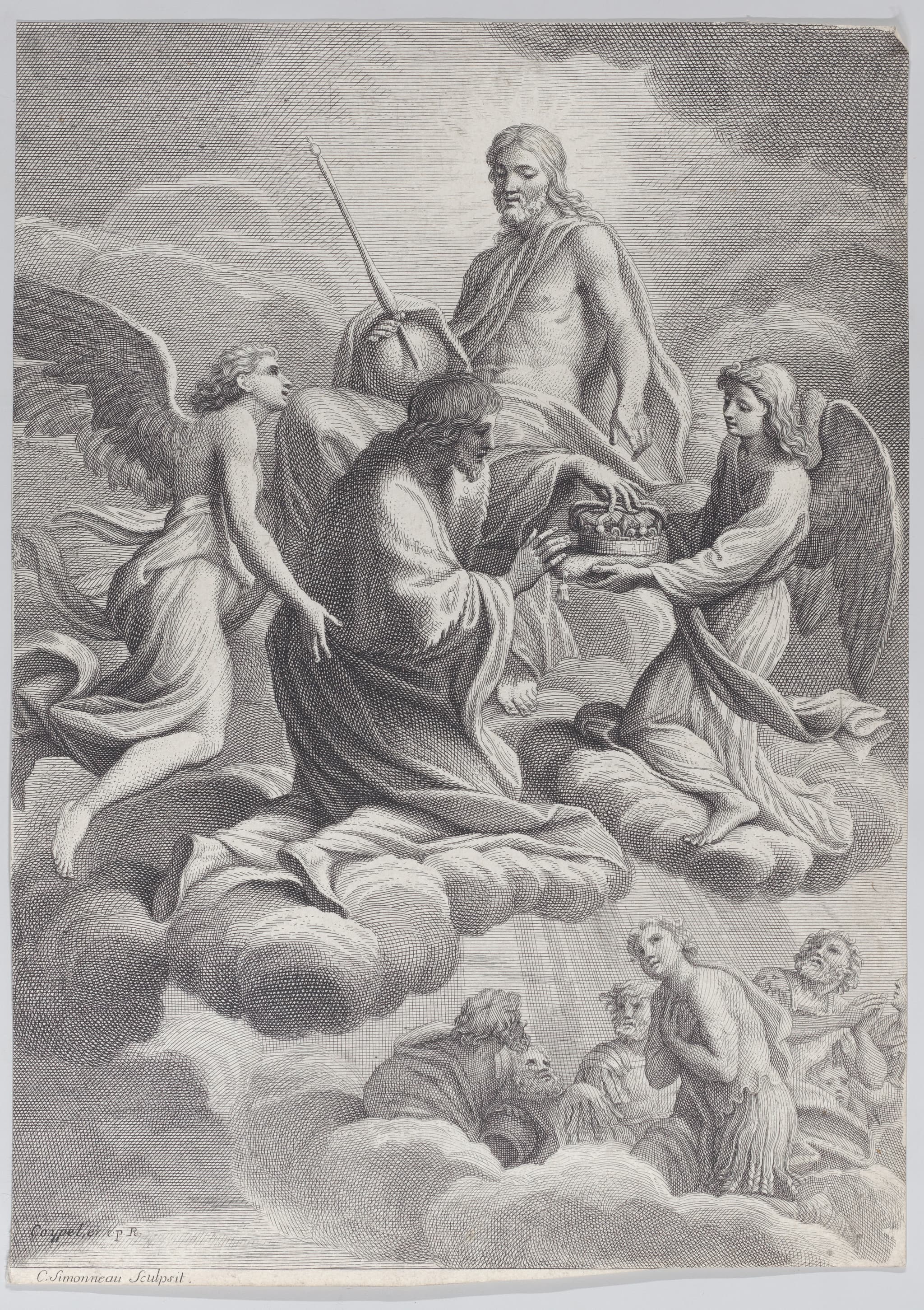 Saint Louis of France received into heaven by Christ and two angels who offer him the crown of France