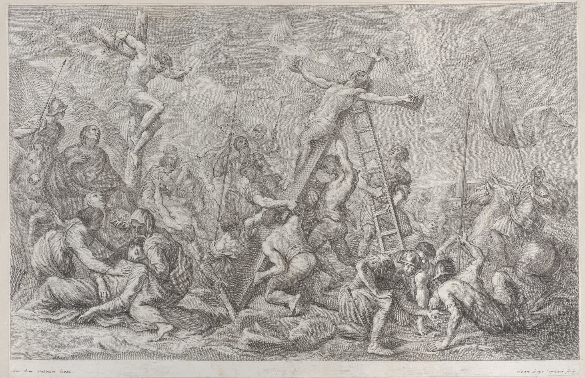 The Crucifixion, with the lowering of the cross at center, soldiers throughout, and a thief on a cross at left