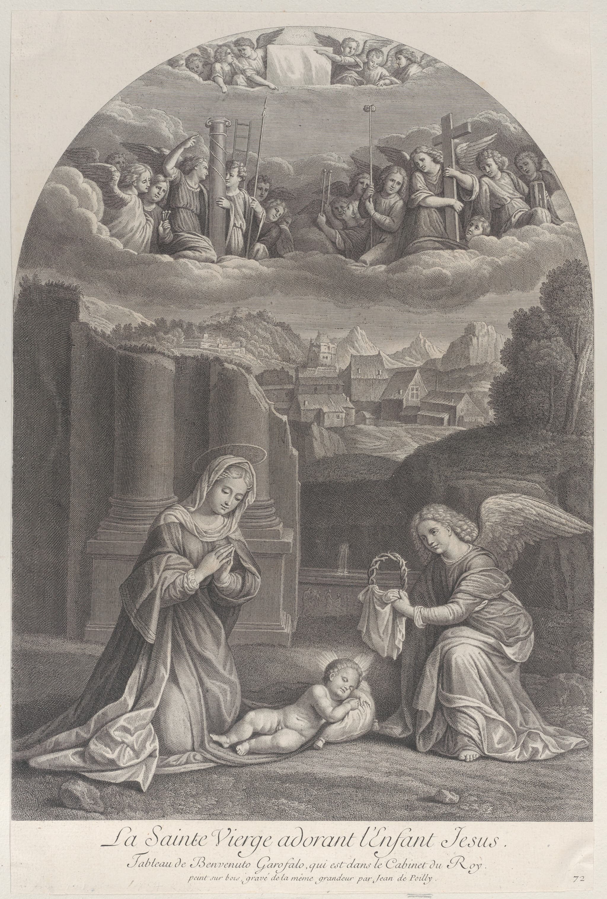 The Virgin Mary adoring the Christ child, an angel holding a crown of thorns at right