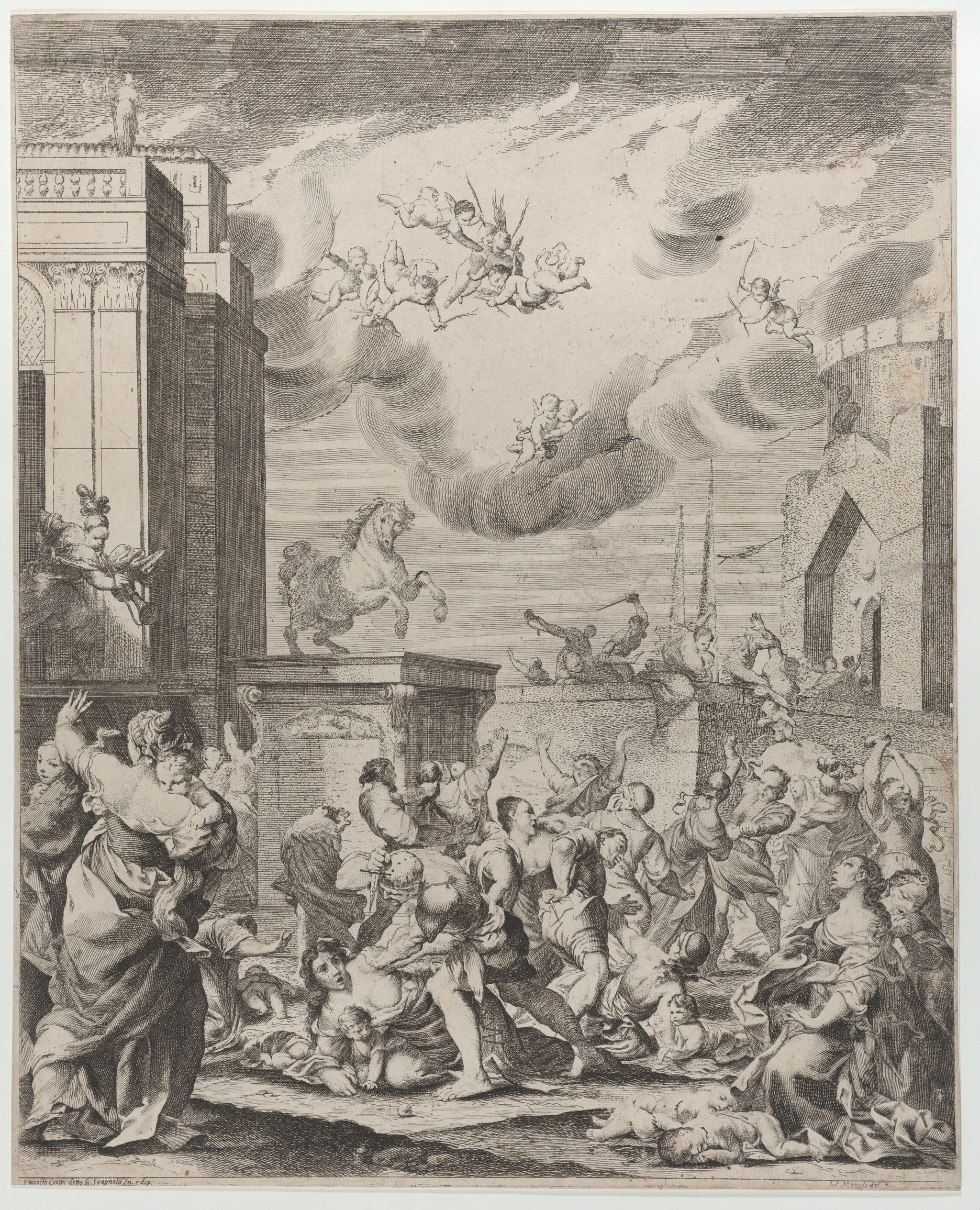 The massacre of the innocents set against a townscape