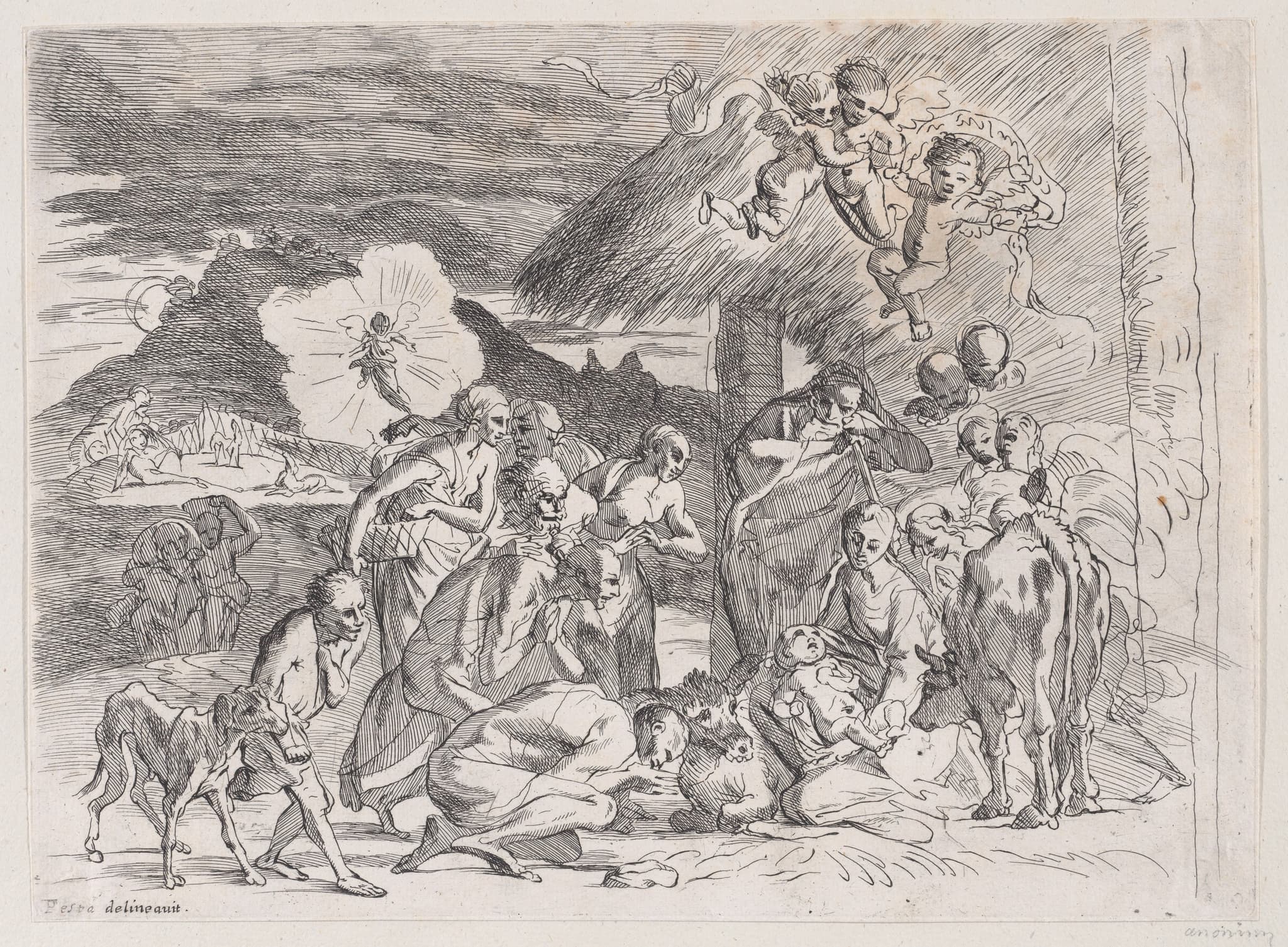 The adoration of the shepherds who gather at left, angels holding a banderole upper right