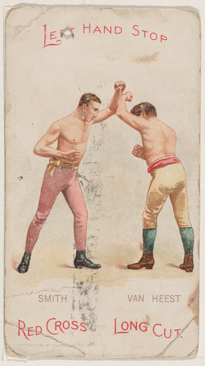 Left Hand Stop, Solomon Smith and Johnny Van Heest, from the Boxing Positions and Boxers series (N266) issued by P. Lorillard Company to promote Red Cross Long Cut Tobacco