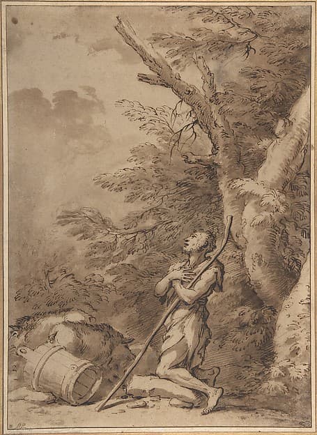 The Prodigal Son Kneeling Repentant among Swine