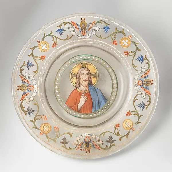 Renaissance-style dish with Christ and Four Evangelists by Società Anonima per Azioni Salviati & C. depicting John 1