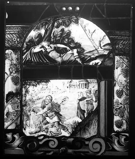 Samson slaying the Lion; Jacob's Ladder by Jos Murer depicting Genesis 28