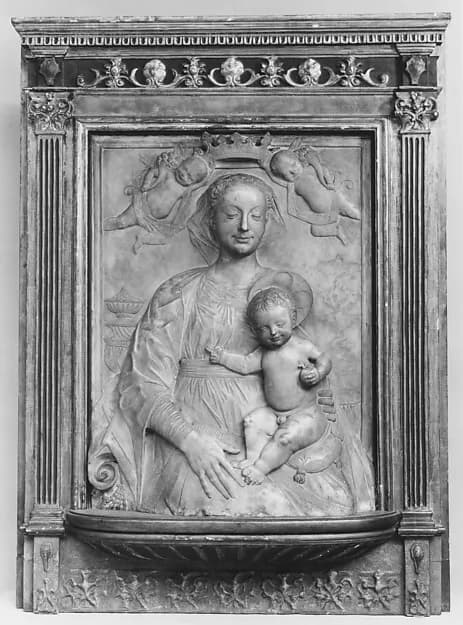 Madonna and Child crowned by angels by Master of the Marble Madonnas depicting Luke 2