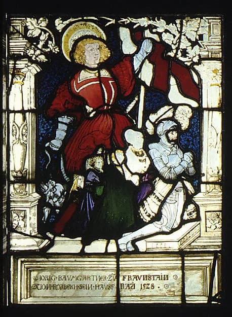 St. George standing behind kneeling donor, Jorig Baumgartner, and his family (one of a pair) by Hans Wertinger depicting Revelation 12