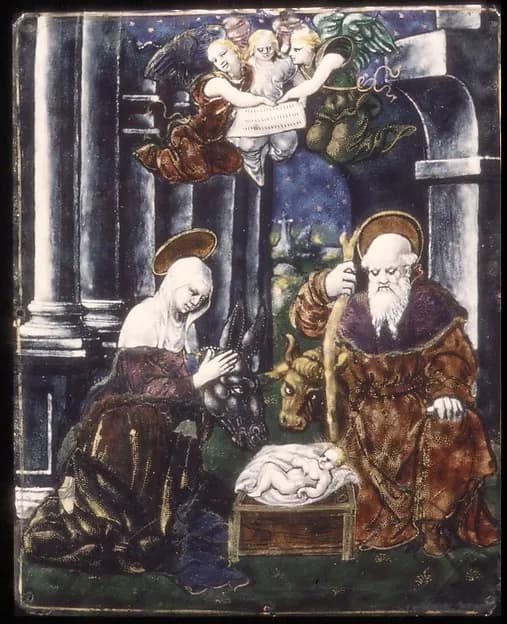 Adoration of the Infant Christ by Jean II Pénicaud depicting Luke 1