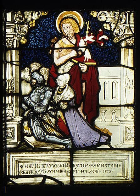 St. John the Baptist standing behind donor, Hanns Baumgartner, and his family (one of a pair) by Hans Wertinger depicting Matthew 3