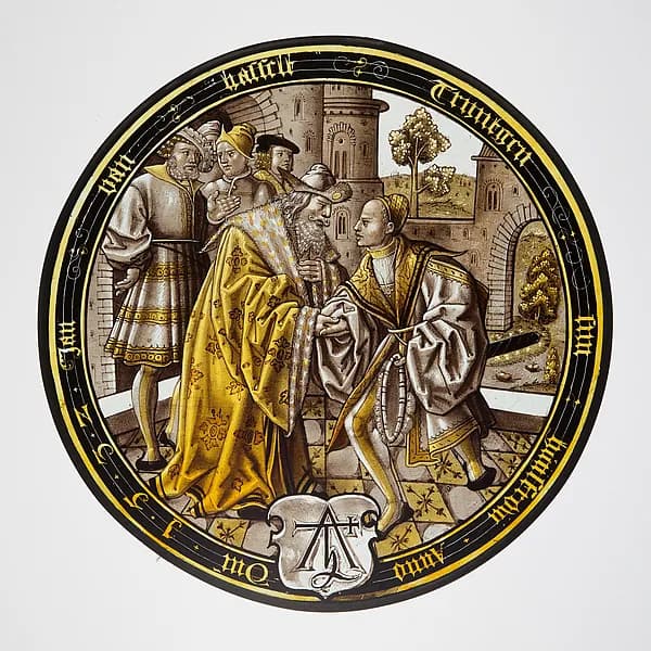 The Prodigal Bids Farewell (one of eight scenes from the story of the Prodigal Son) by Anonymous depicting Luke 15